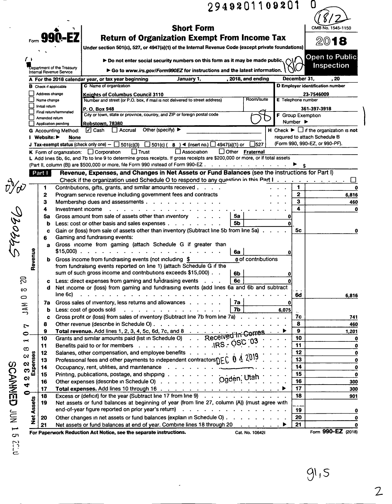 Image of first page of 2018 Form 990EO for Knights of Columbus - 3110 Rev Juan Canales Council