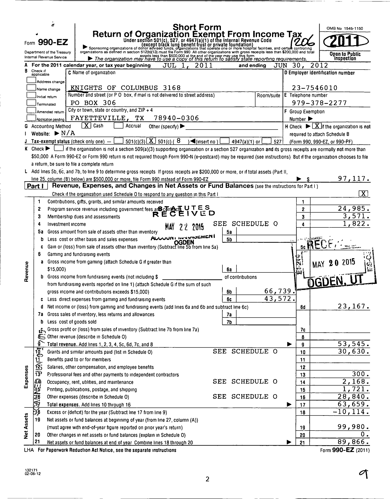 Image of first page of 2011 Form 990EO for Knights of Columbus 3168