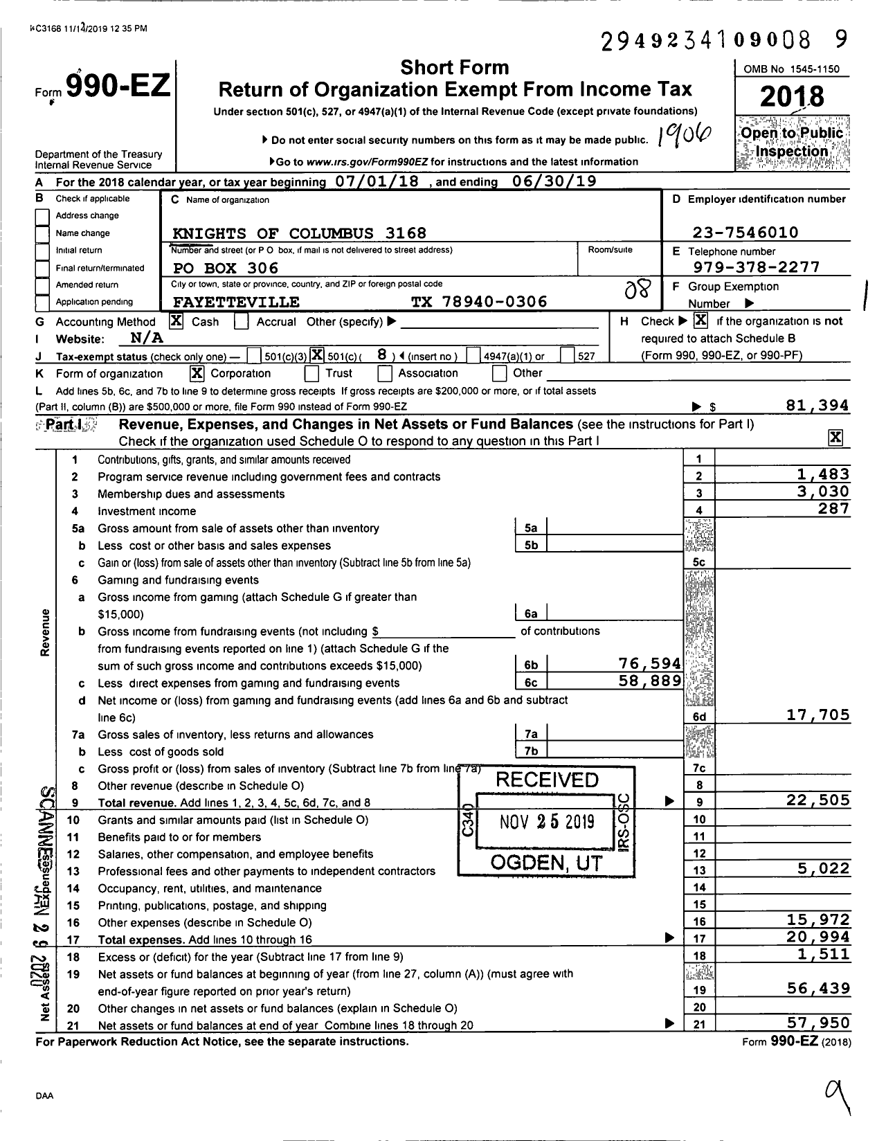 Image of first page of 2018 Form 990EO for Knights of Columbus 3168