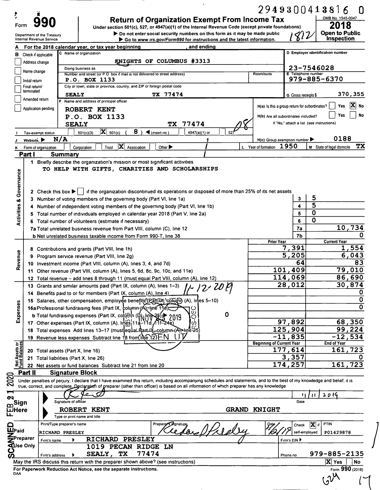 Image of first page of 2018 Form 990O for Knights of Columbus - 3313 Father Crann Council