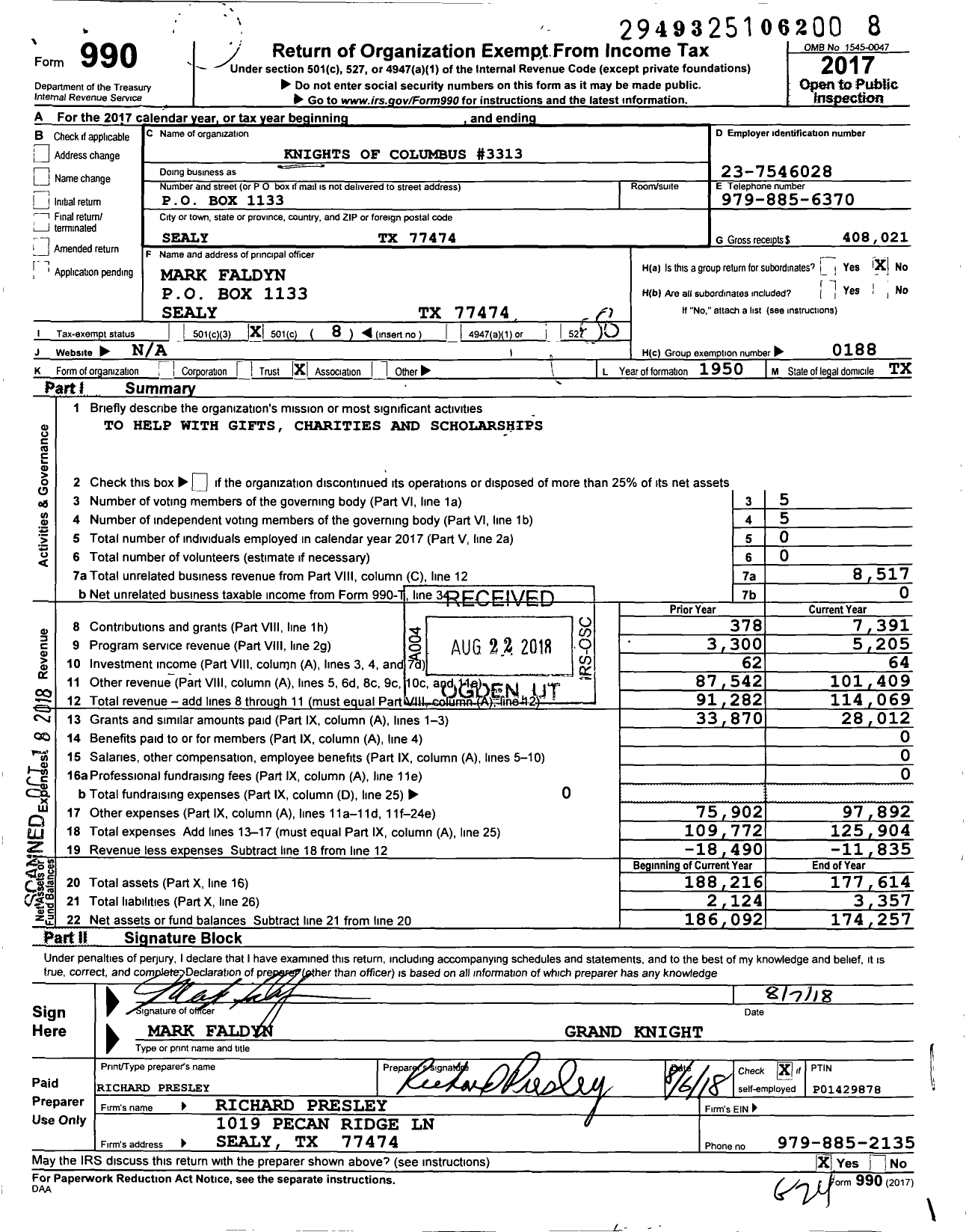 Image of first page of 2017 Form 990O for Knights of Columbus - 3313 Father Crann Council