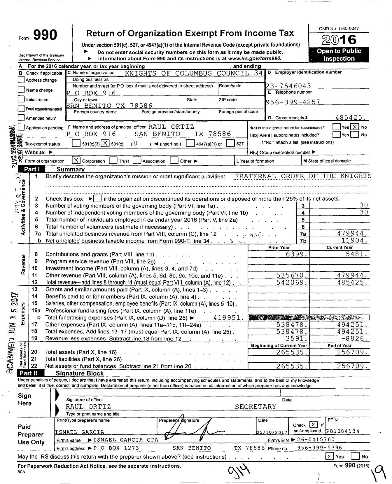 Image of first page of 2016 Form 990O for Knights of Columbus Council 34