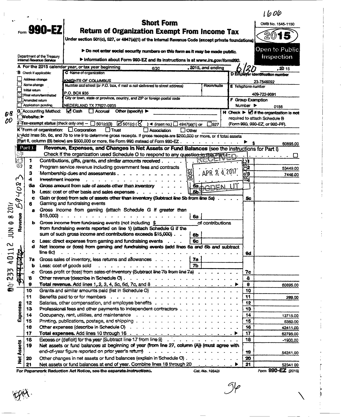 Image of first page of 2015 Form 990EO for Knights of Columbus - 5145 Father William Brooks Council