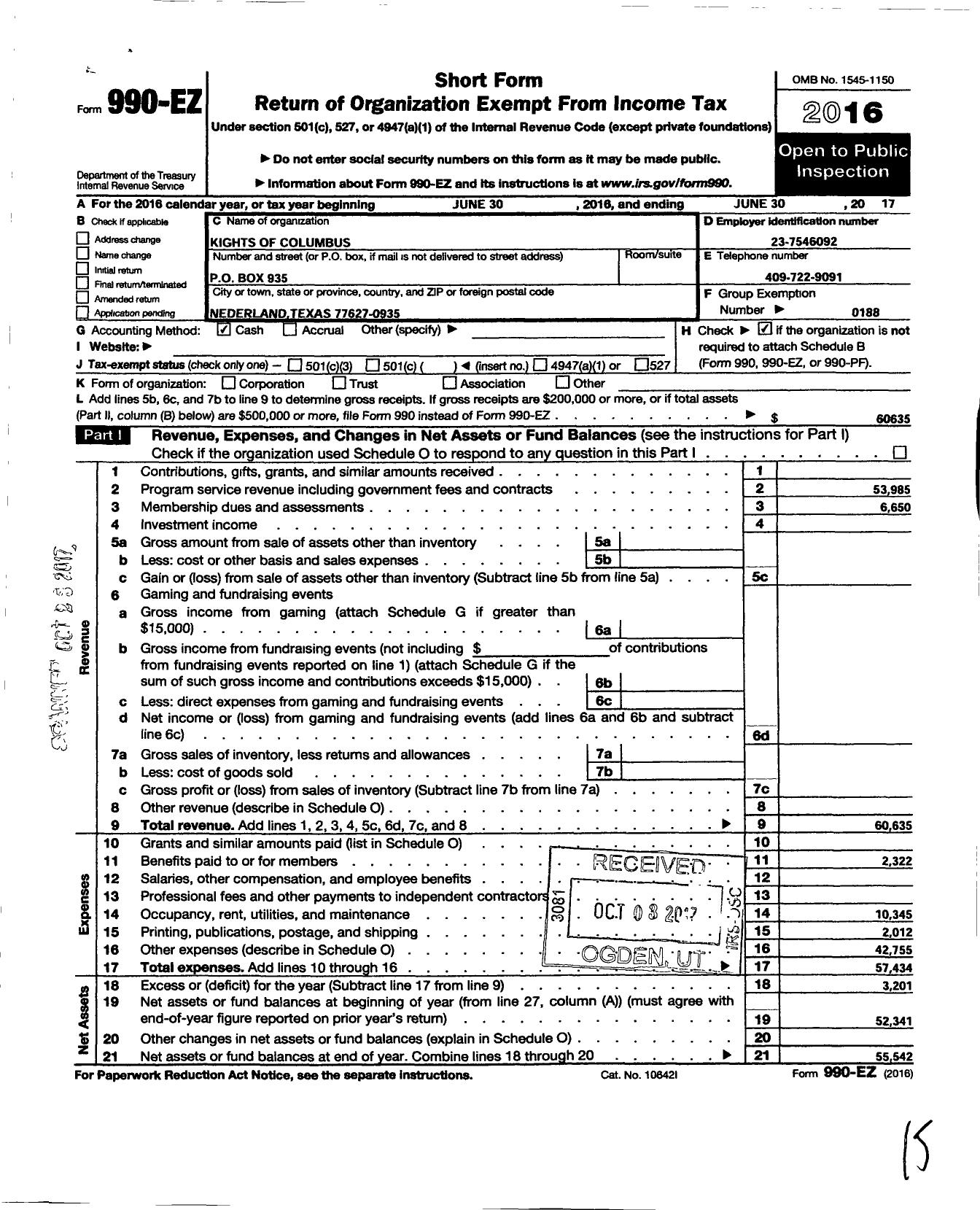 Image of first page of 2016 Form 990EO for Knights of Columbus - 5145 Father William Brooks Council