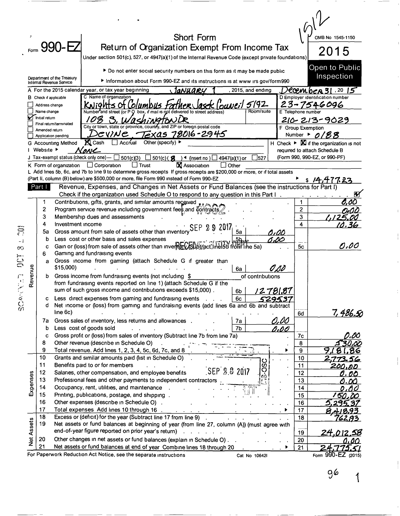 Image of first page of 2015 Form 990EO for Father Jasek Council No 5192