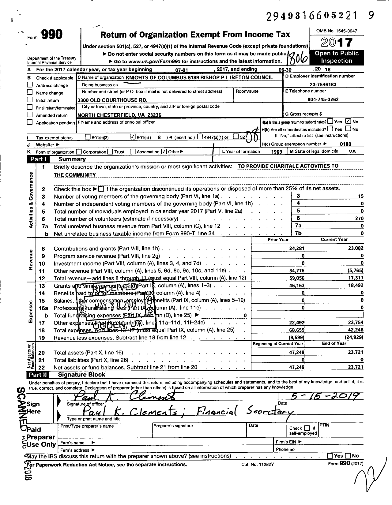 Image of first page of 2017 Form 990O for KNIGHTS OF COLUMBUS - 6189 Bishop P L Ireton Council