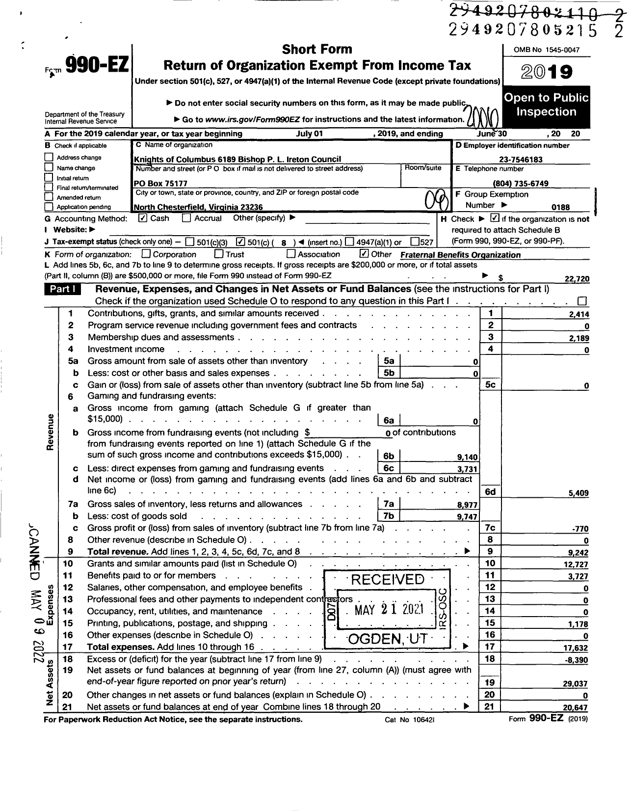 Image of first page of 2019 Form 990EO for KNIGHTS OF COLUMBUS - 6189 Bishop P L Ireton Council