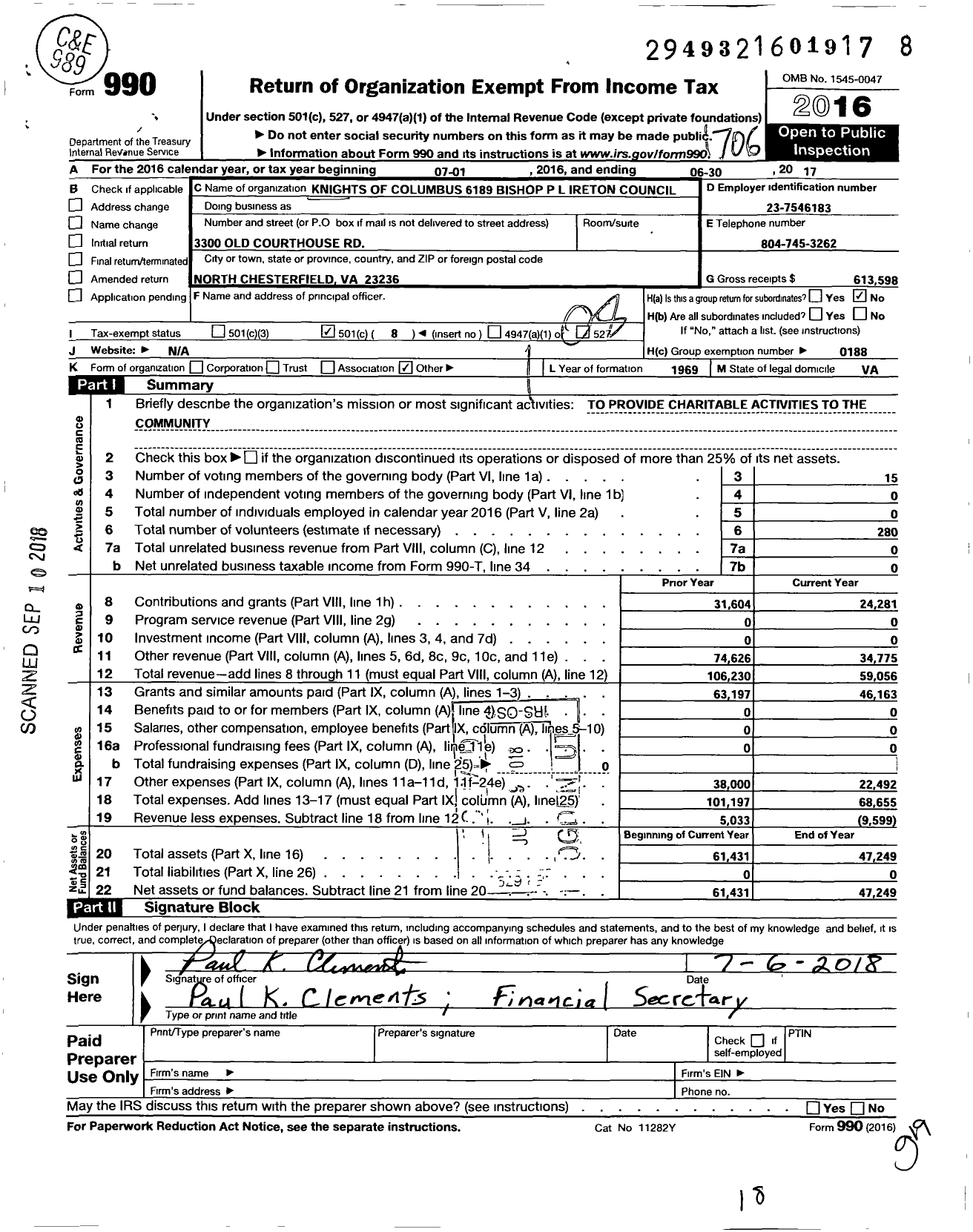 Image of first page of 2016 Form 990O for KNIGHTS OF COLUMBUS - 6189 Bishop P L Ireton Council