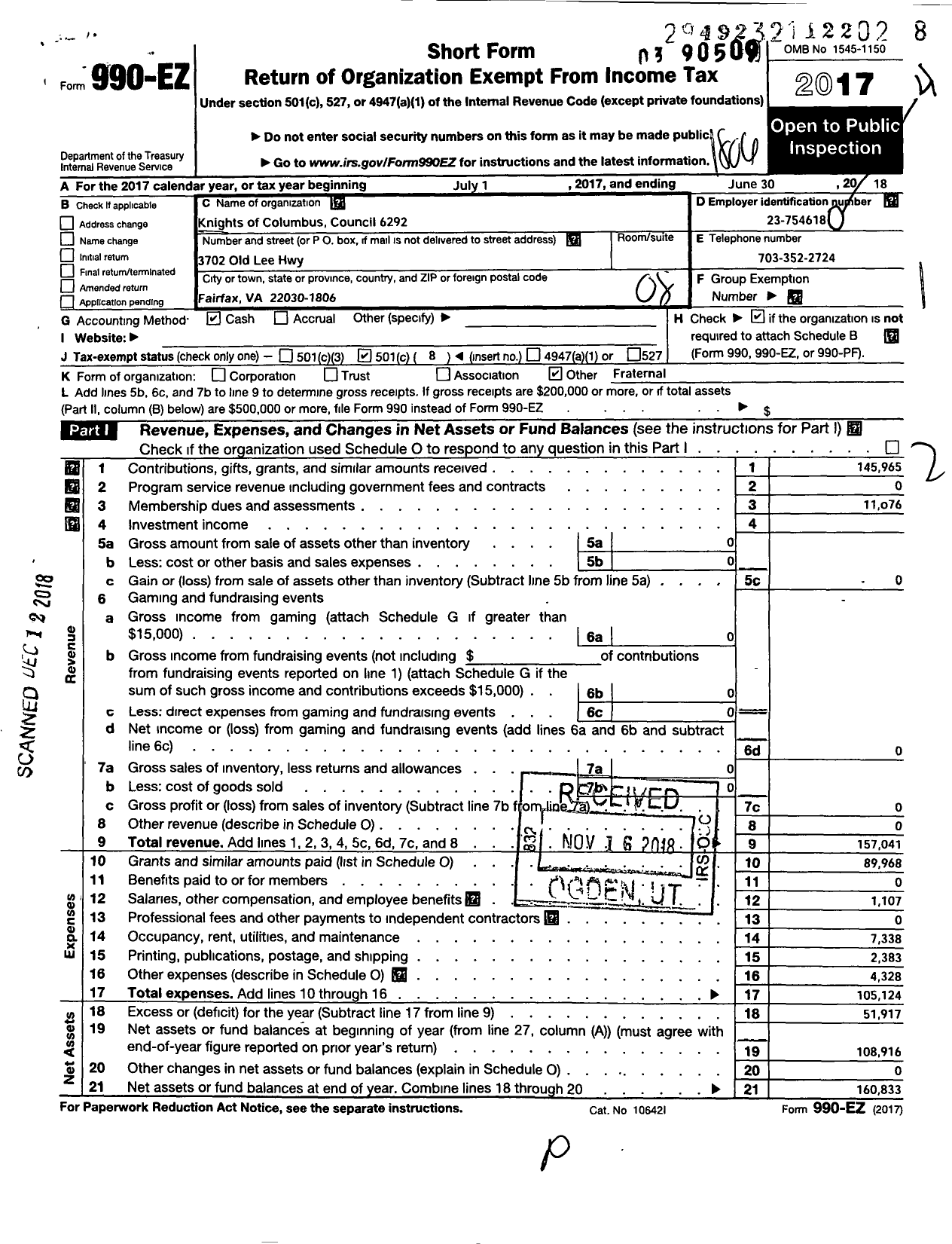 Image of first page of 2017 Form 990EO for Knights of Columbus - 6292 FR Francis Diamond Council