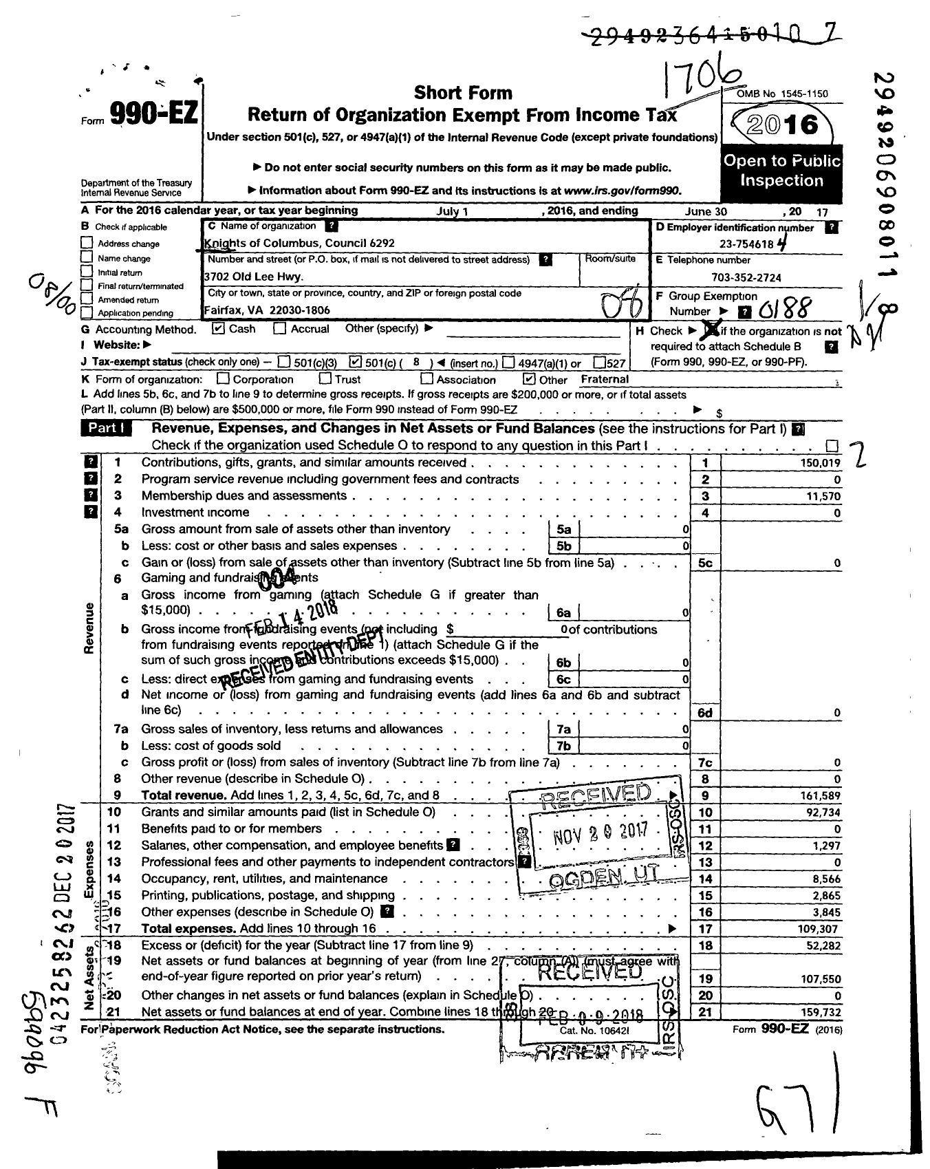 Image of first page of 2016 Form 990EO for Knights of Columbus - 6292 FR Francis Diamond Council