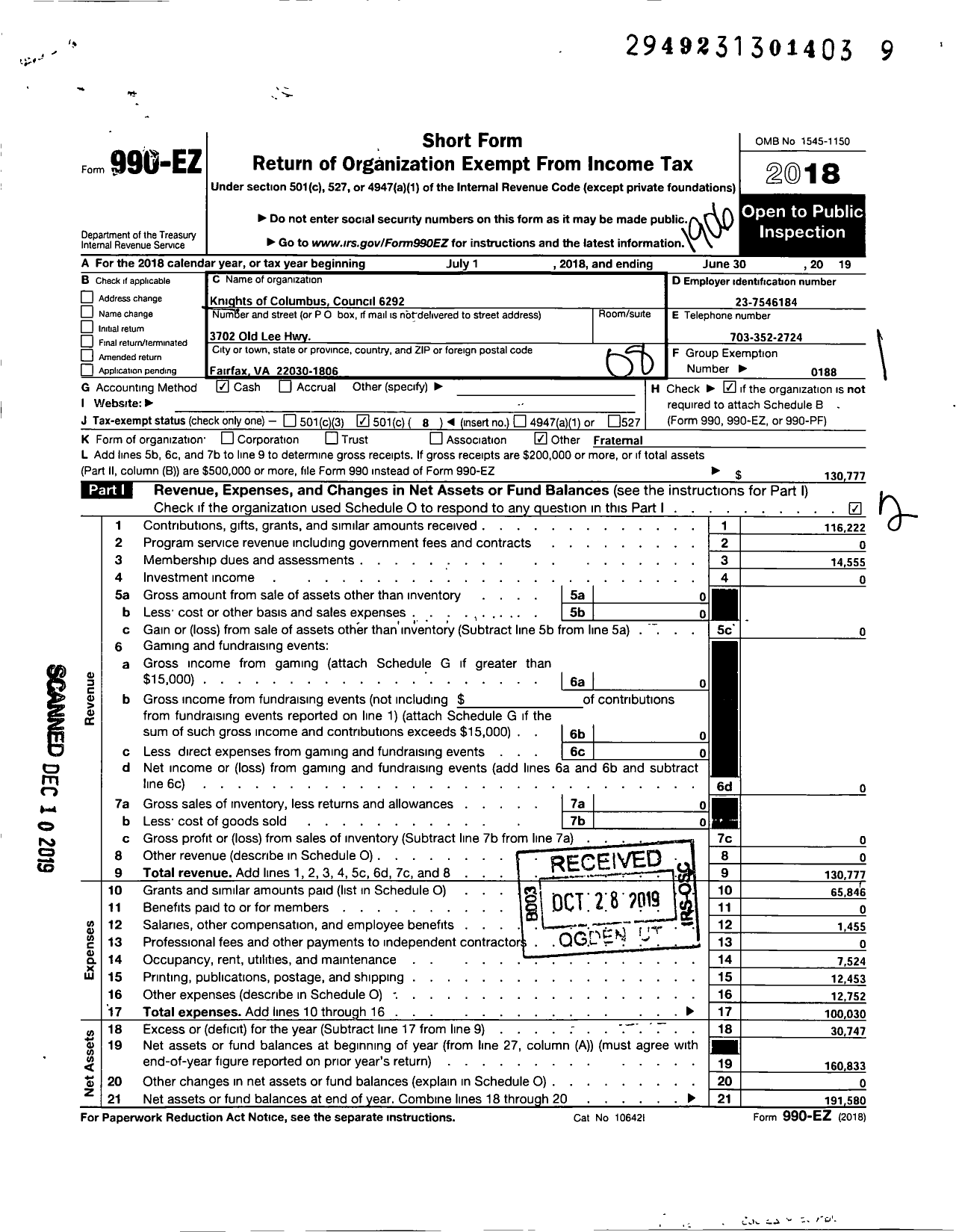 Image of first page of 2018 Form 990EO for Knights of Columbus - 6292 FR Francis Diamond Council