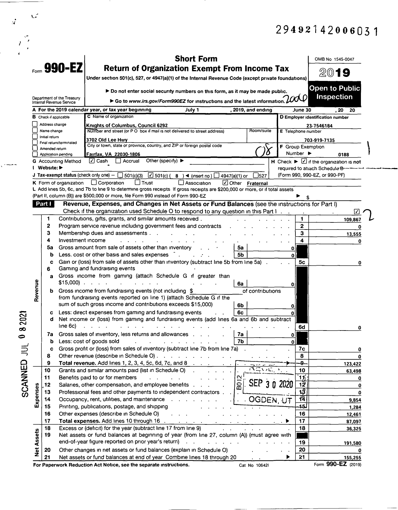 Image of first page of 2019 Form 990EO for Knights of Columbus - 6292 FR Francis Diamond Council