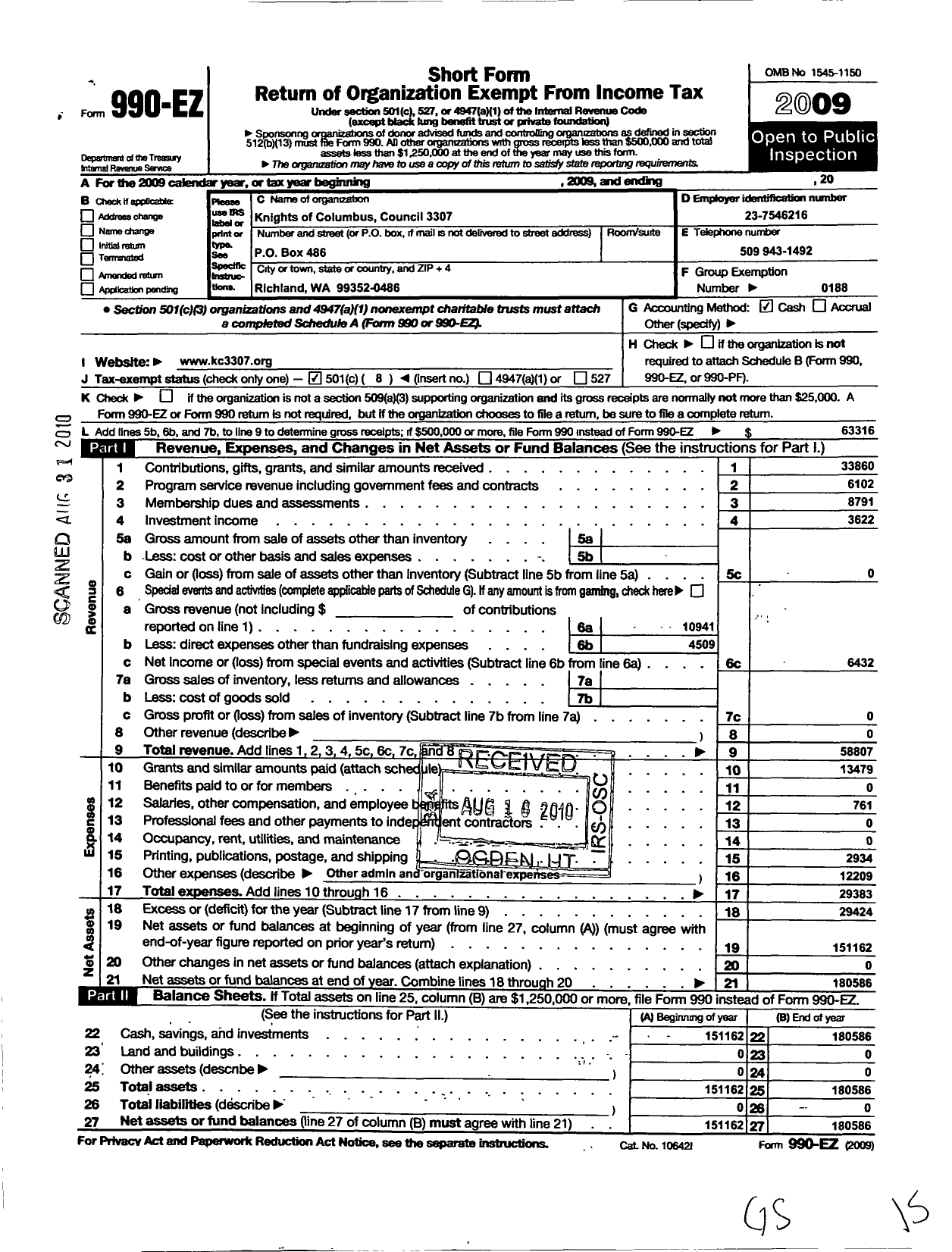 Image of first page of 2009 Form 990EO for Knights of Columbus - 3307 Richland Council