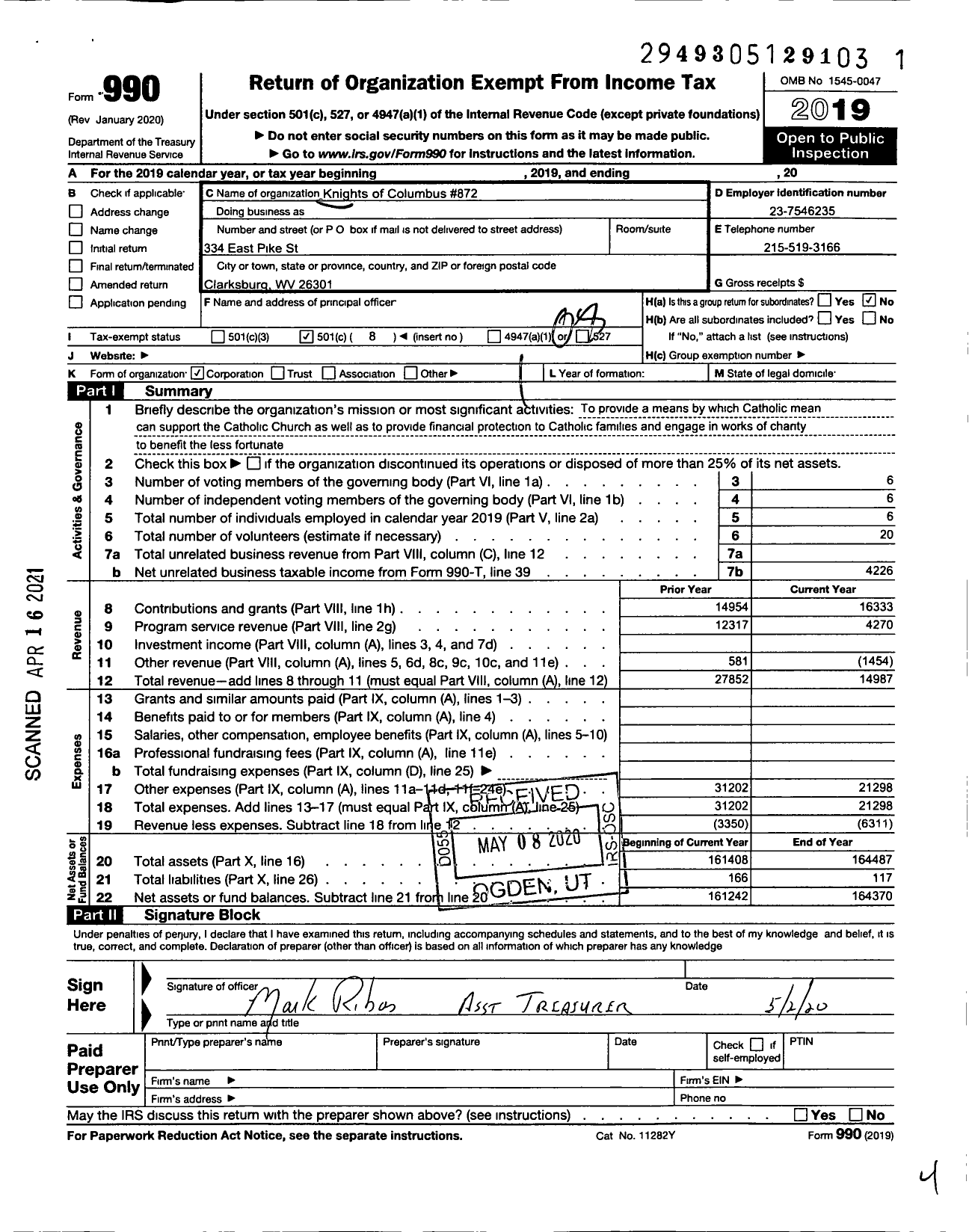 Image of first page of 2019 Form 990O for Knights of Columbus - 872 Clarksburg Council