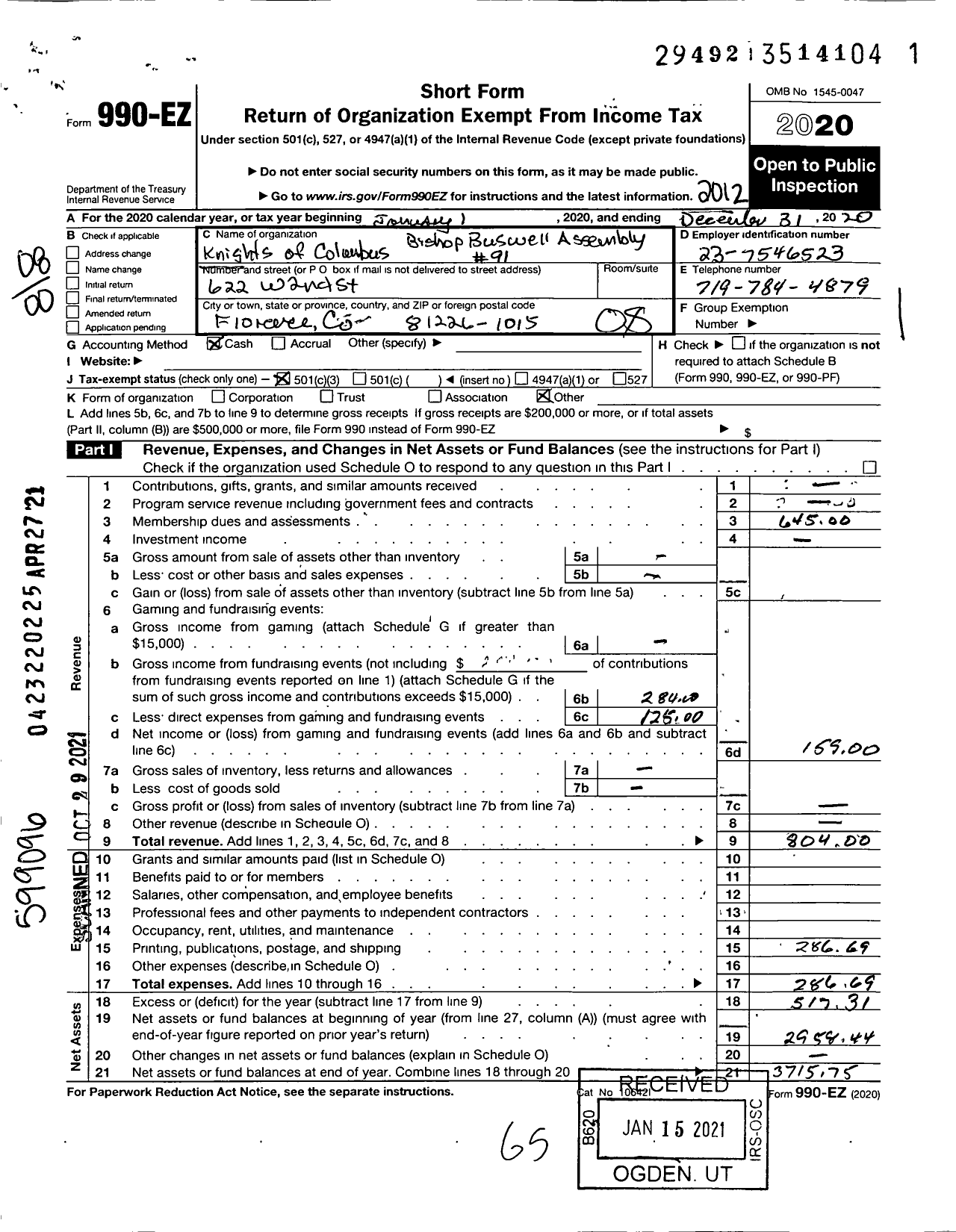 Image of first page of 2020 Form 990EO for Knights of Columbus - 091 Bishop Busell Assembly