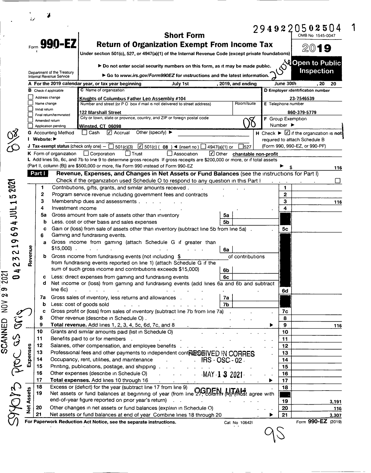 Image of first page of 2019 Form 990EO for KNIGHTS OF COLUMBUS - 104 Father Leo Assembly