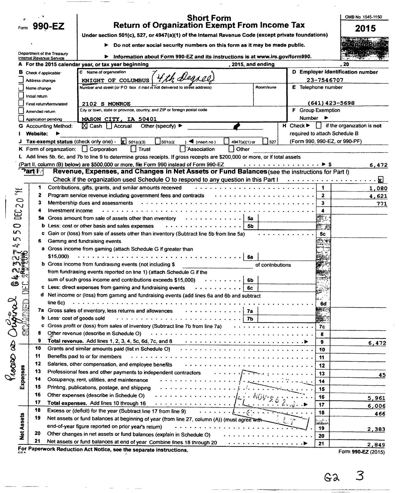 Image of first page of 2015 Form 990EZ for Knights of Columbus - 276 MSGR Dougherty Assembly