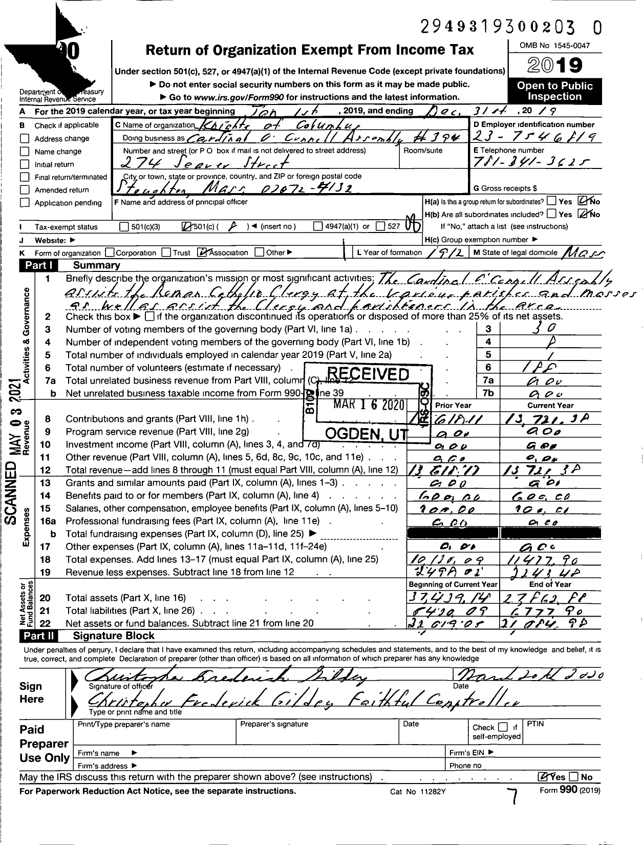 Image of first page of 2019 Form 990O for Knights of Columbus