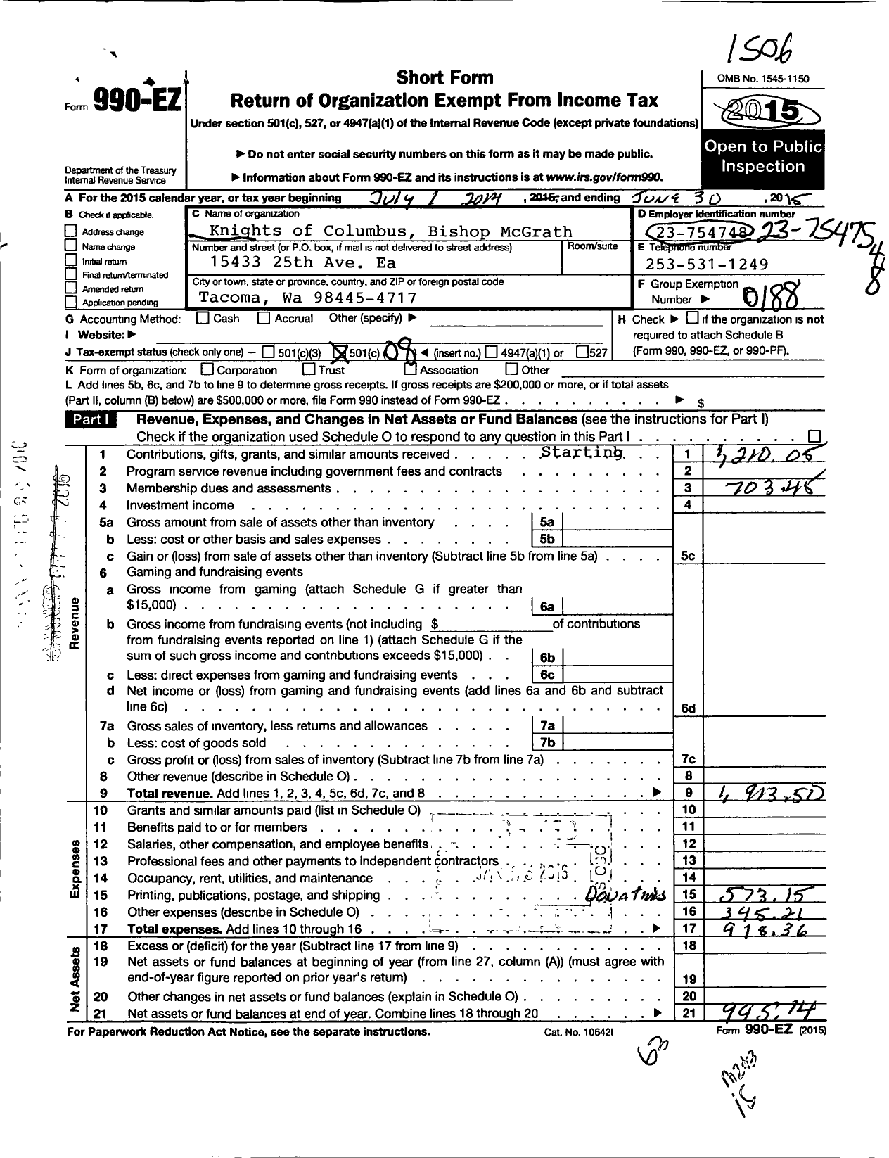 Image of first page of 2014 Form 990EO for Knights of Columbus - 1175 BP Mcgrath Assembly