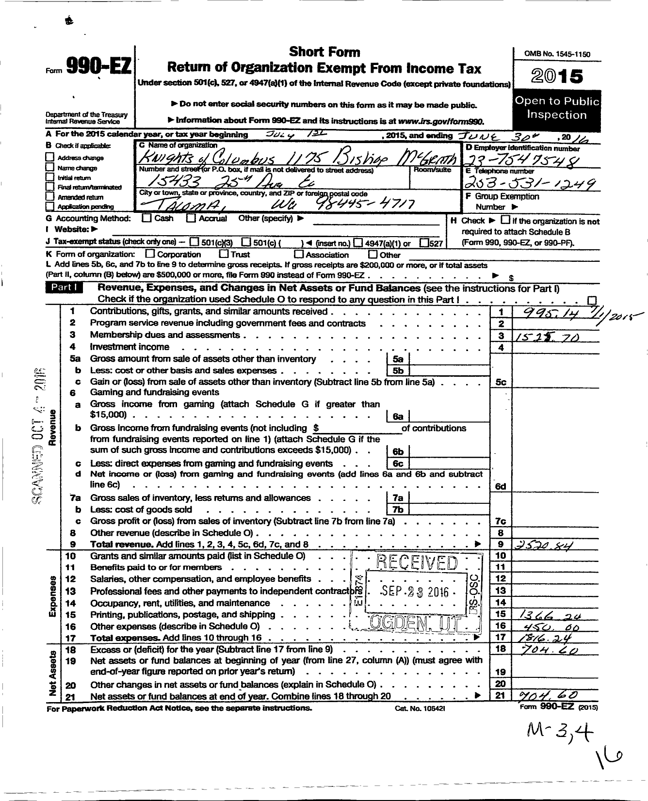 Image of first page of 2015 Form 990EO for Knights of Columbus - 1175 BP Mcgrath Assembly