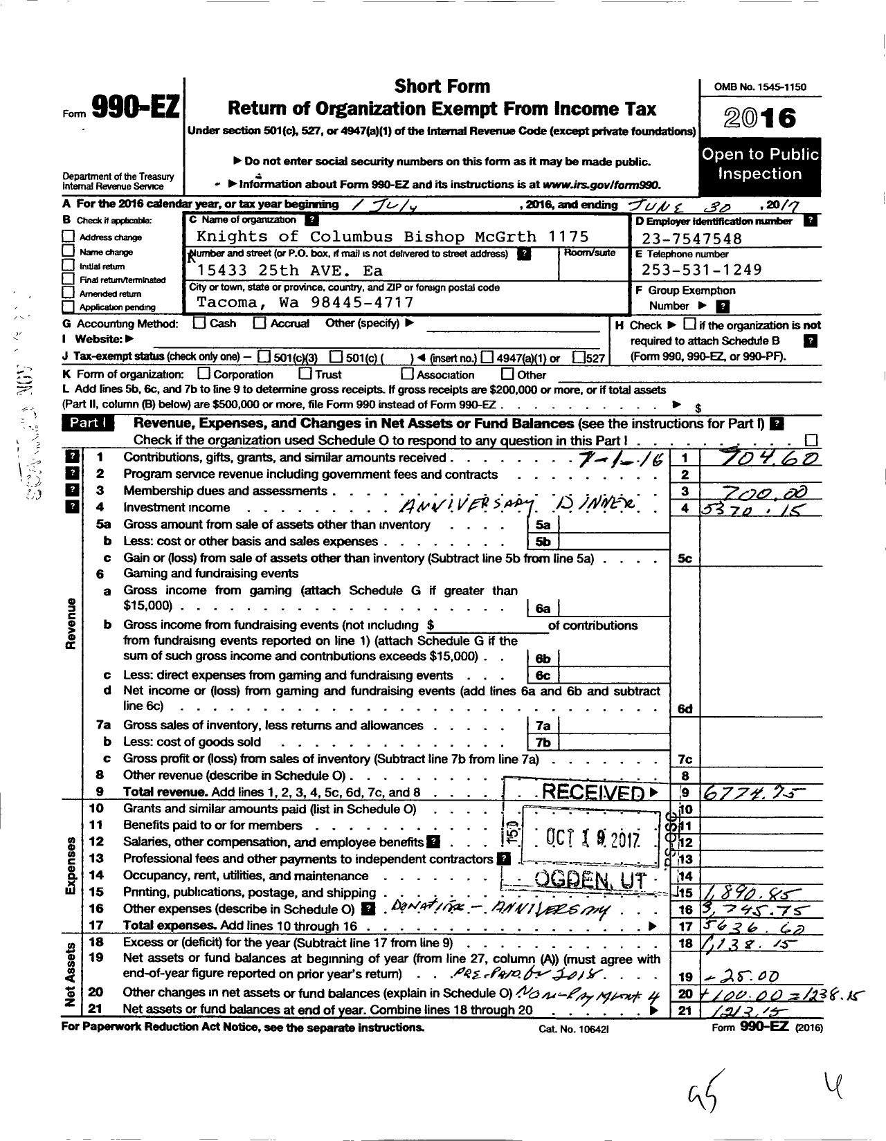 Image of first page of 2016 Form 990EO for Knights of Columbus - 1175 BP Mcgrath Assembly