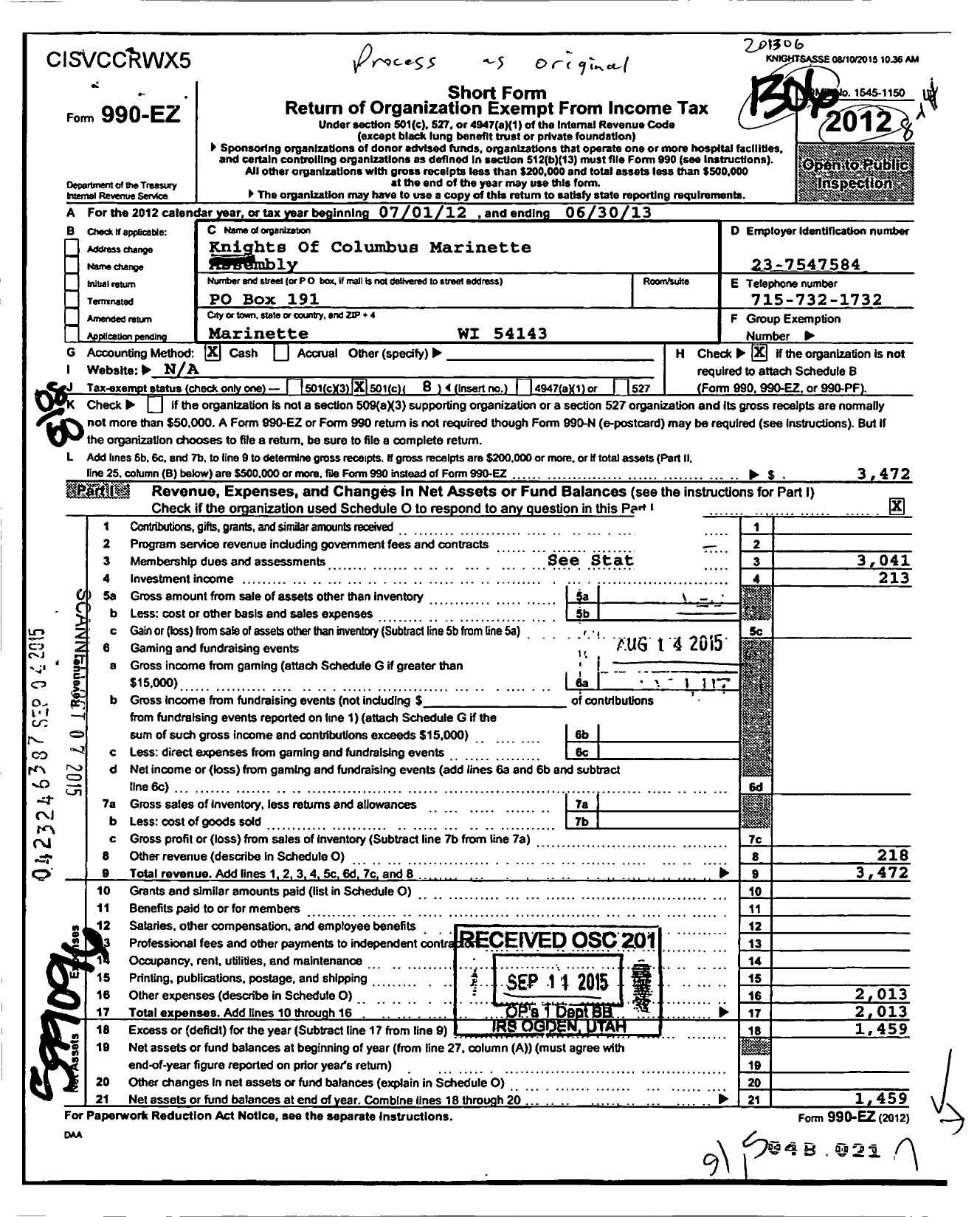 Image of first page of 2012 Form 990EO for Knights of Columbus / 1213 Marinette Assembly