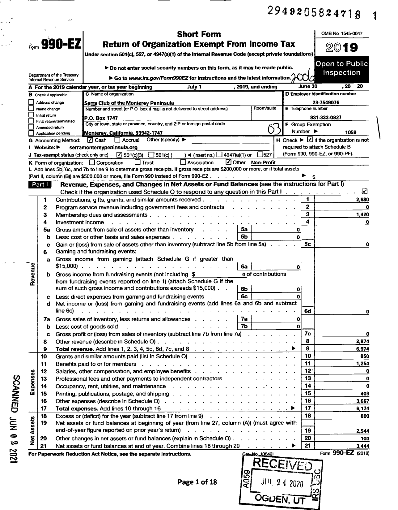 Image of first page of 2019 Form 990EZ for Serra International - 47 Monterey Peninsula Serra Club