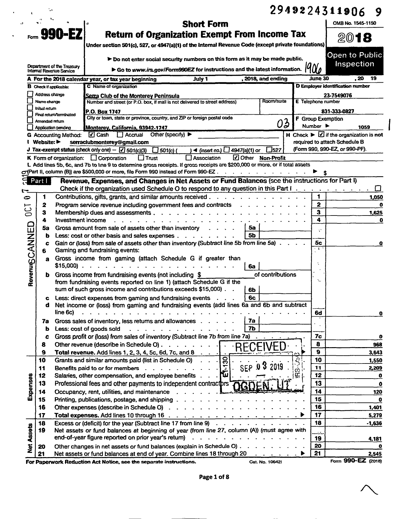 Image of first page of 2018 Form 990EZ for Serra International - 47 Monterey Peninsula Serra Club