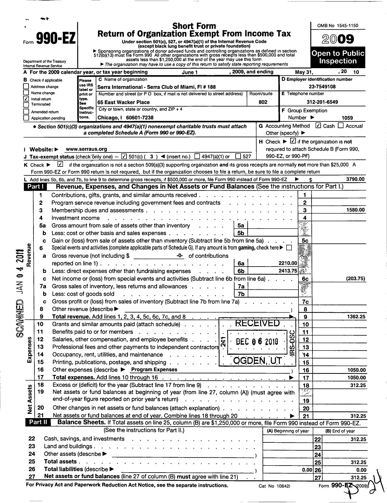 Image of first page of 2009 Form 990EZ for Serra International / 188 Serra Club of Miami