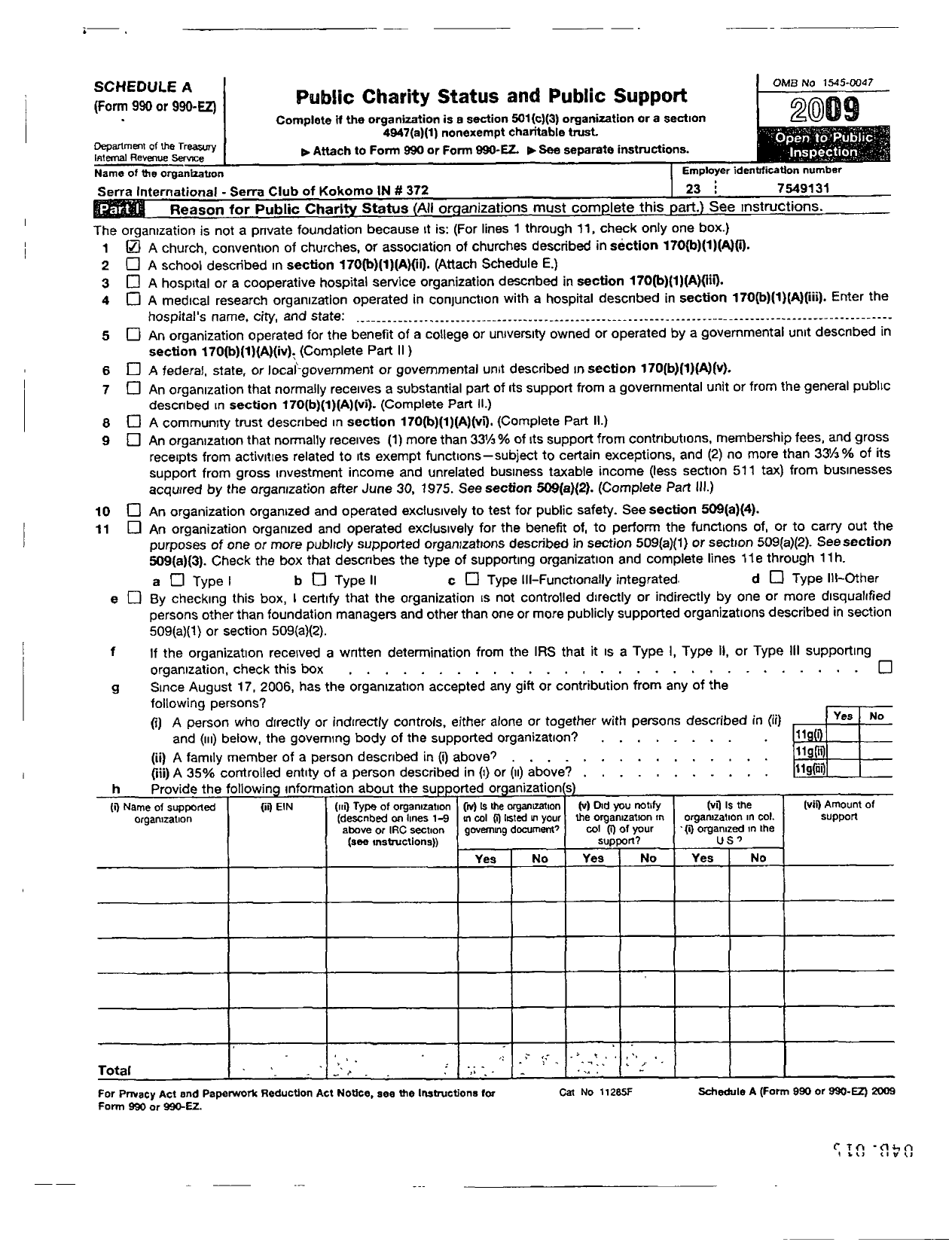 Image of first page of 2009 Form 990ER for Serra International / 372 Kokomo Serra Club