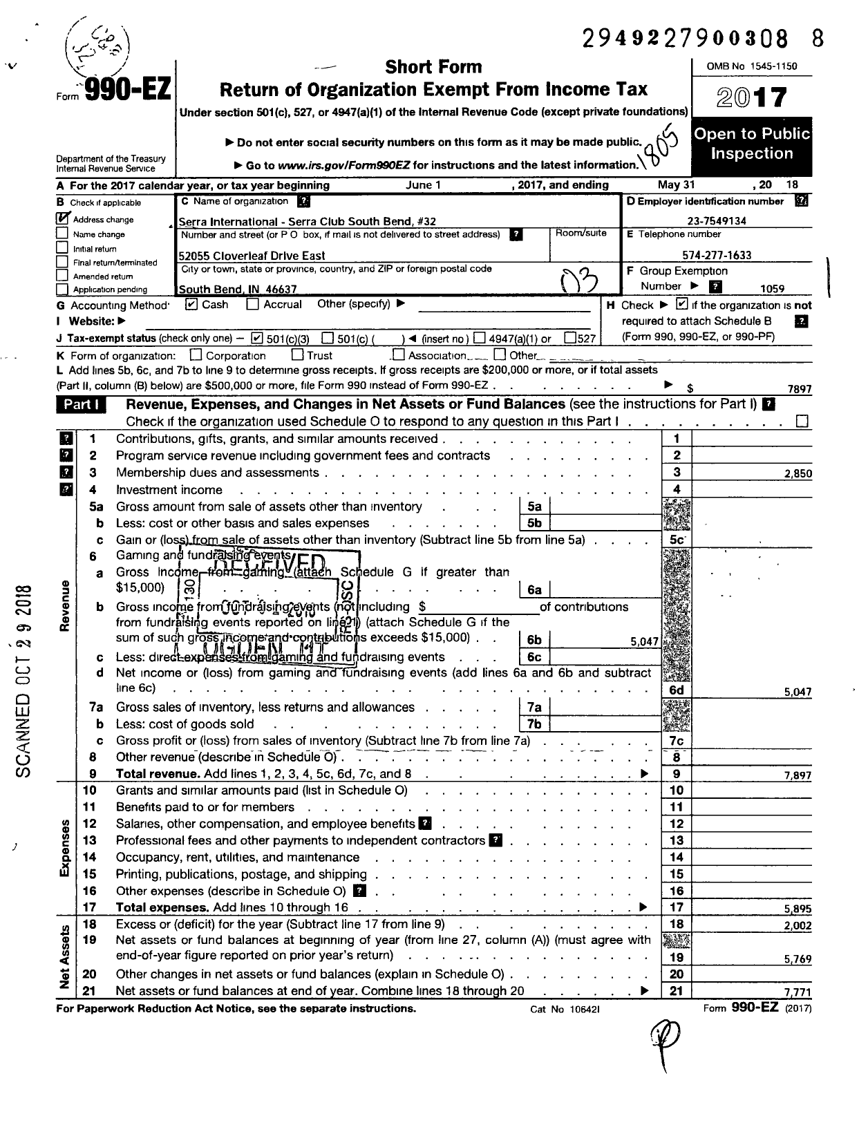 Image of first page of 2017 Form 990EZ for Serra International - 32 South Bend Serra Club