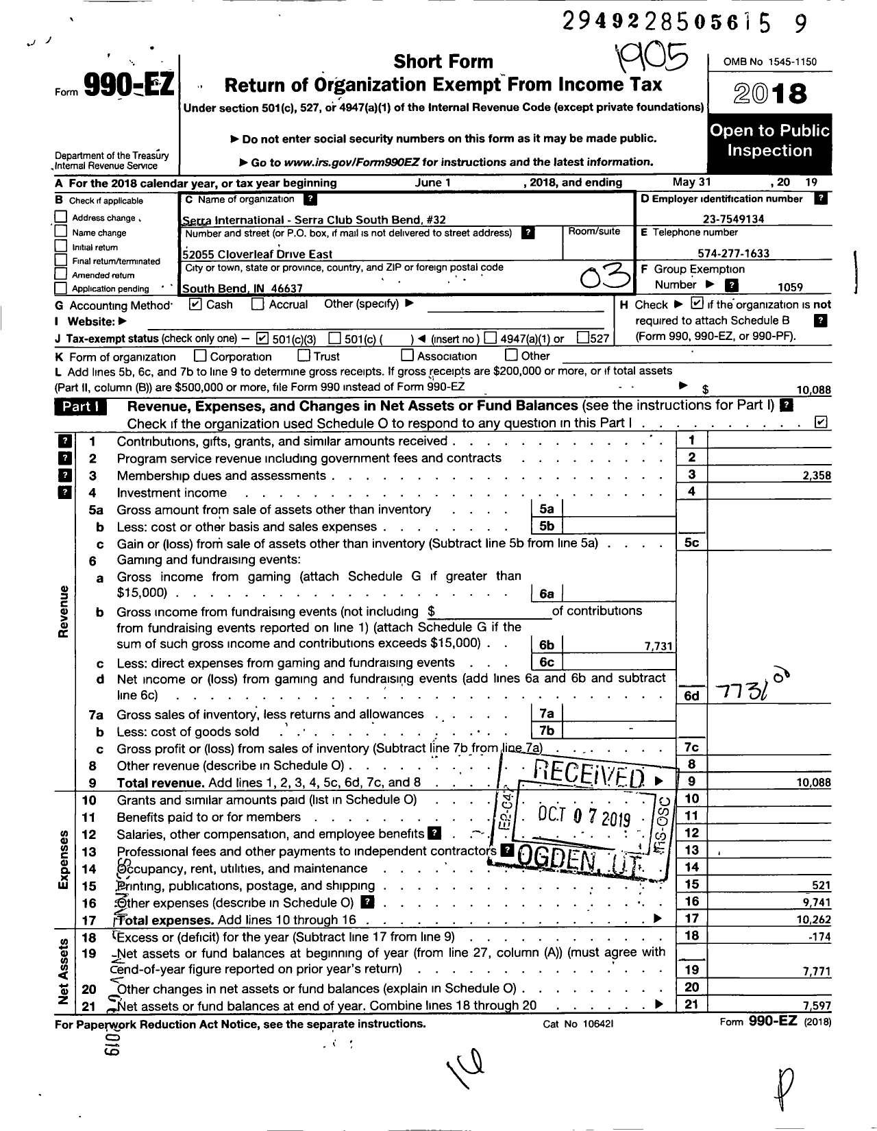 Image of first page of 2018 Form 990EZ for Serra International - 32 South Bend Serra Club