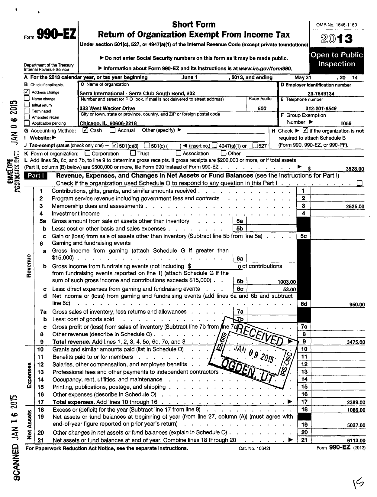 Image of first page of 2013 Form 990EZ for Serra International - 32 South Bend Serra Club