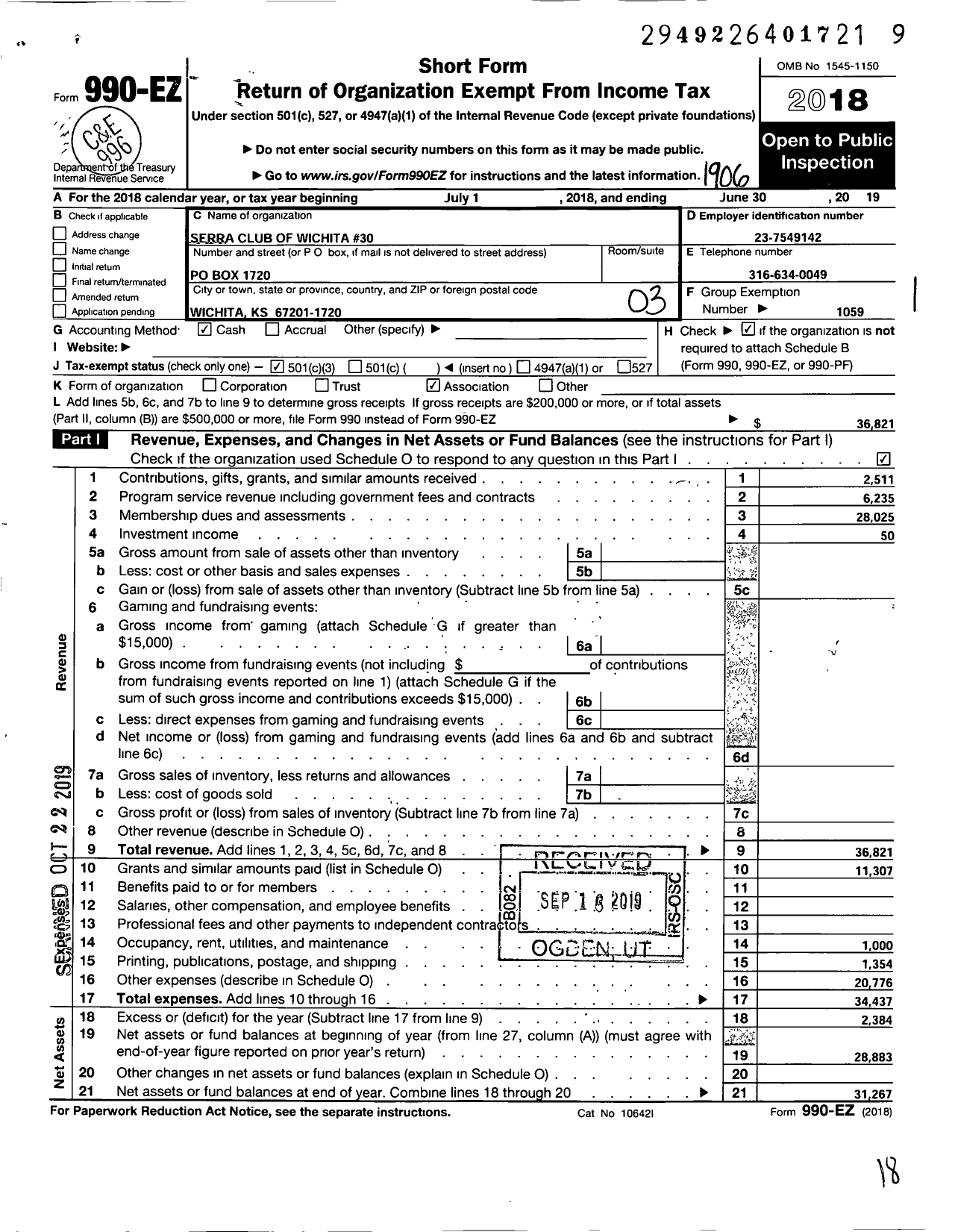 Image of first page of 2018 Form 990EZ for Serra International - 30 Wichita Serra Club