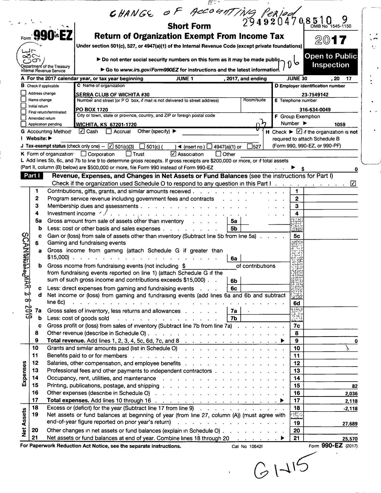 Image of first page of 2016 Form 990EZ for Serra International - 30 Wichita Serra Club