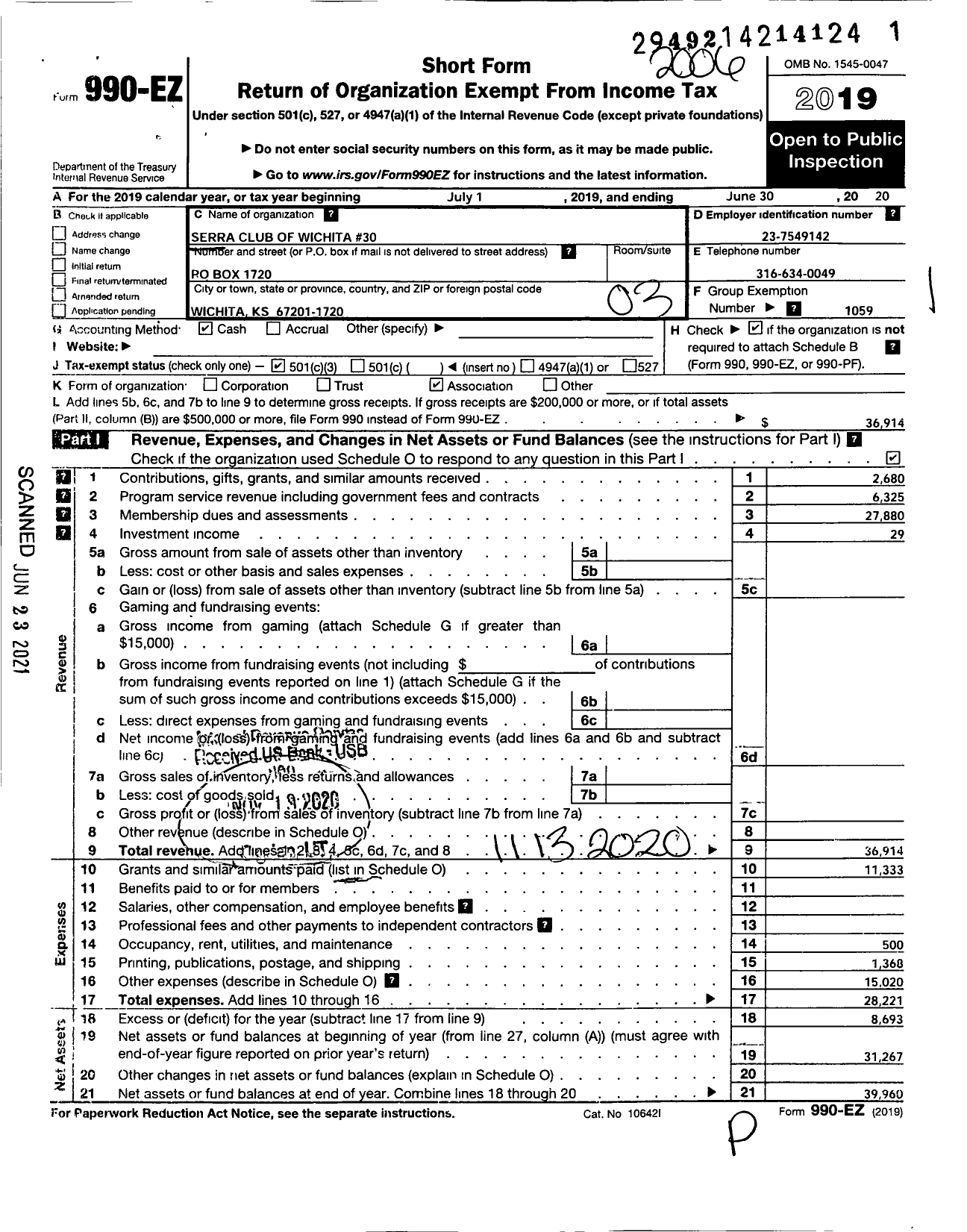 Image of first page of 2019 Form 990EZ for Serra International - 30 Wichita Serra Club