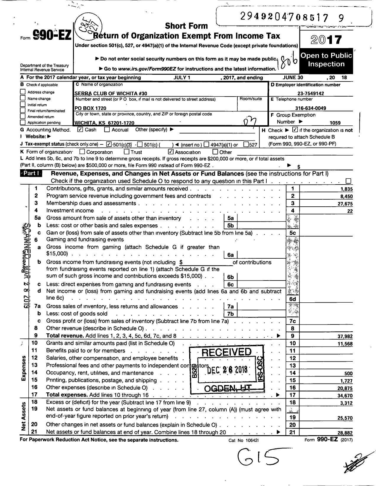 Image of first page of 2017 Form 990EZ for Serra International - 30 Wichita Serra Club