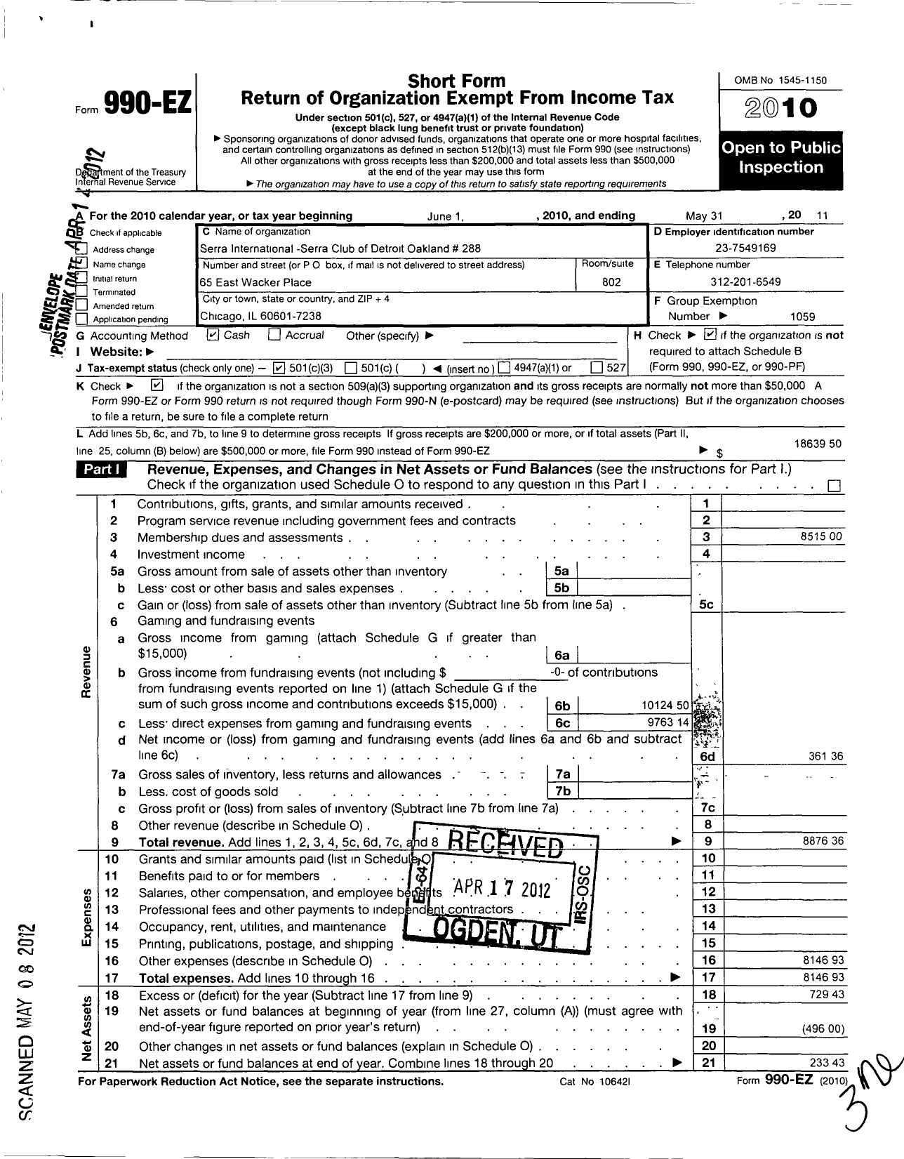 Image of first page of 2010 Form 990EZ for Serra International - 288 Detroit-Oakland Serra Club