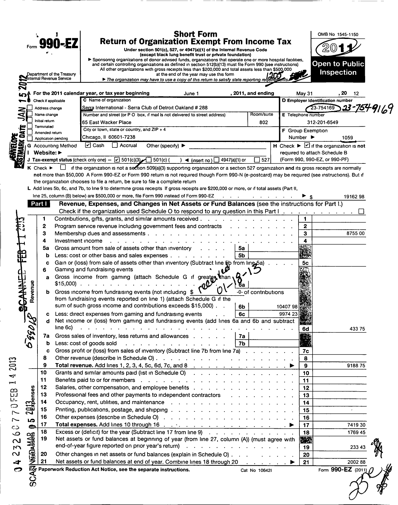 Image of first page of 2011 Form 990EZ for Serra International - 288 Detroit-Oakland Serra Club