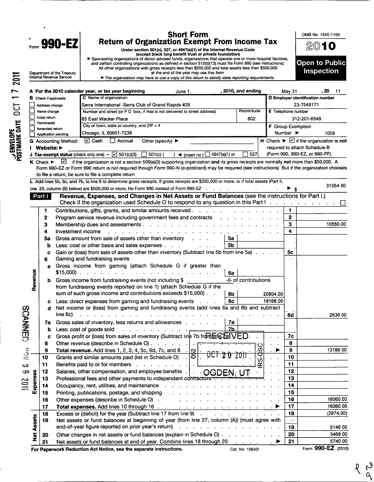 Image of first page of 2010 Form 990EZ for Serra International / 29 Serra Club of Grand Rapids