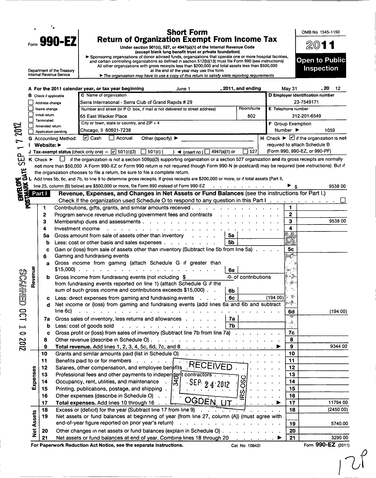 Image of first page of 2011 Form 990EZ for Serra International / 29 Serra Club of Grand Rapids