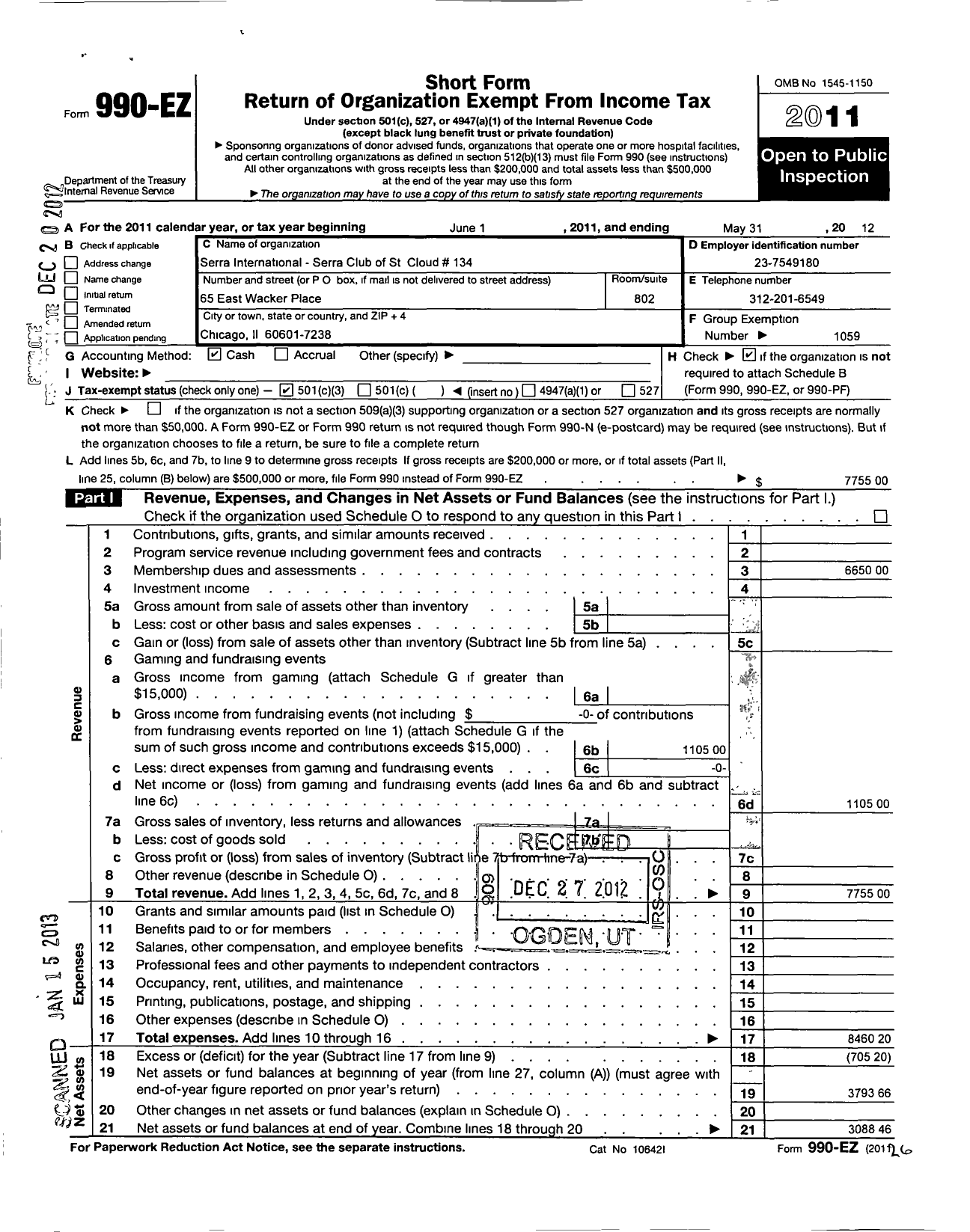 Image of first page of 2011 Form 990EZ for Serra International / 134 Serra Club of St Cloud