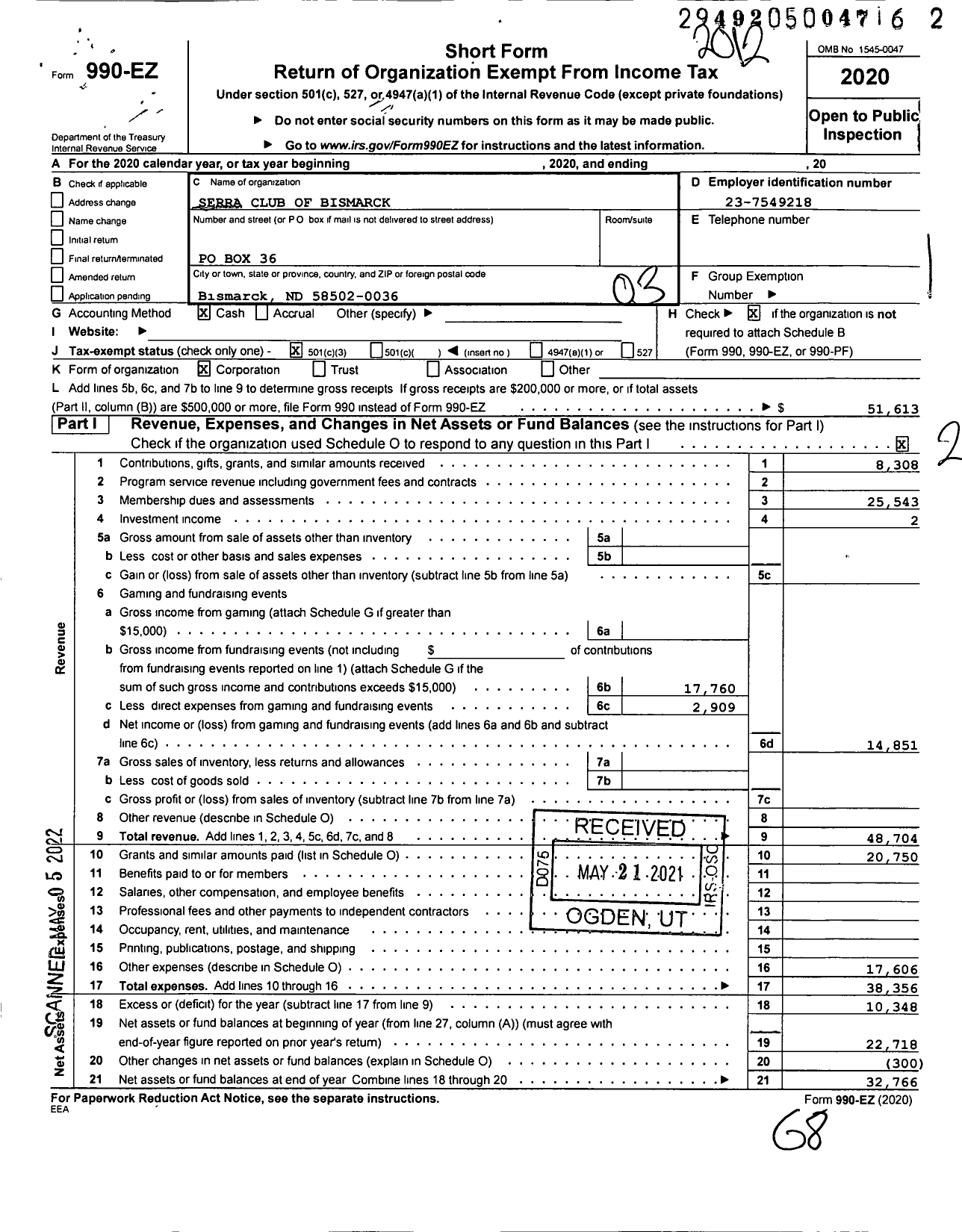 Image of first page of 2020 Form 990EZ for Serra International - 251 Bismarck Serra Club