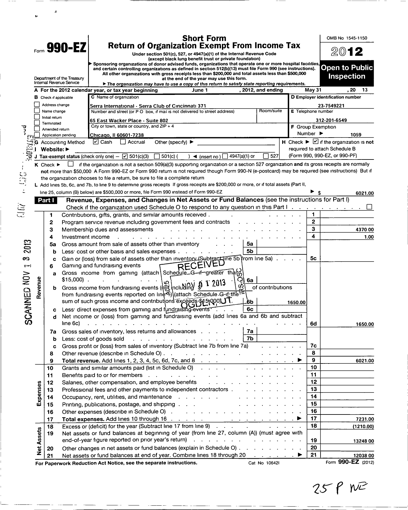 Image of first page of 2012 Form 990EZ for Serra International - 371 Cincinnati Serra Club