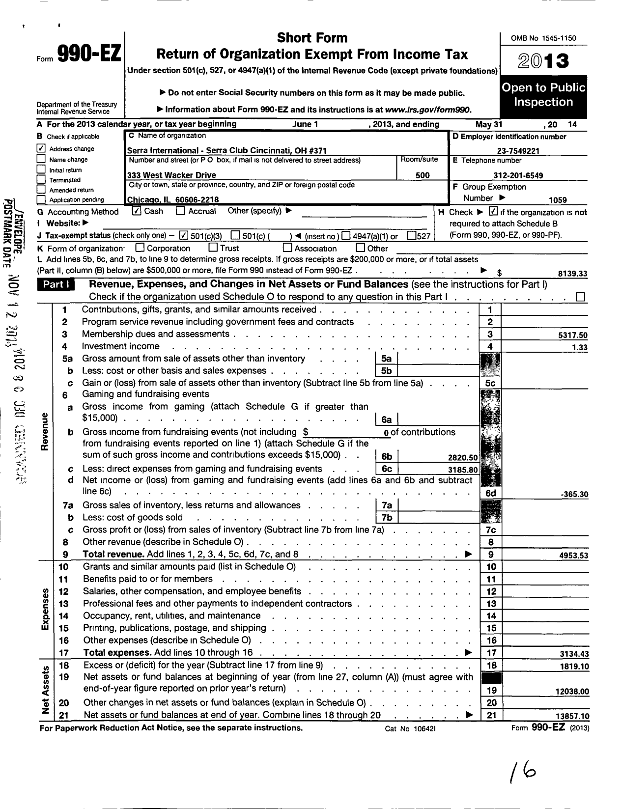 Image of first page of 2013 Form 990EZ for Serra International - 371 Cincinnati Serra Club