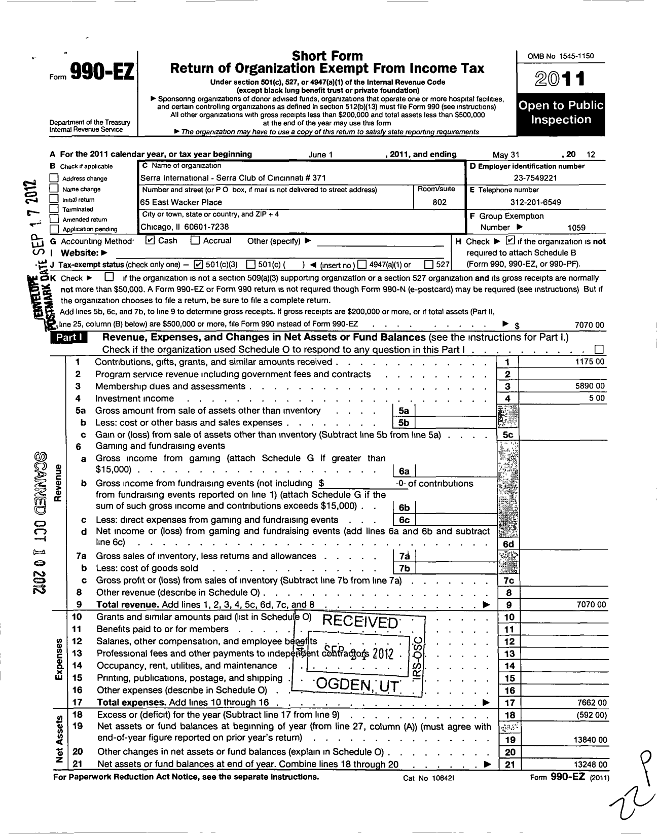 Image of first page of 2011 Form 990EZ for Serra International - 371 Cincinnati Serra Club