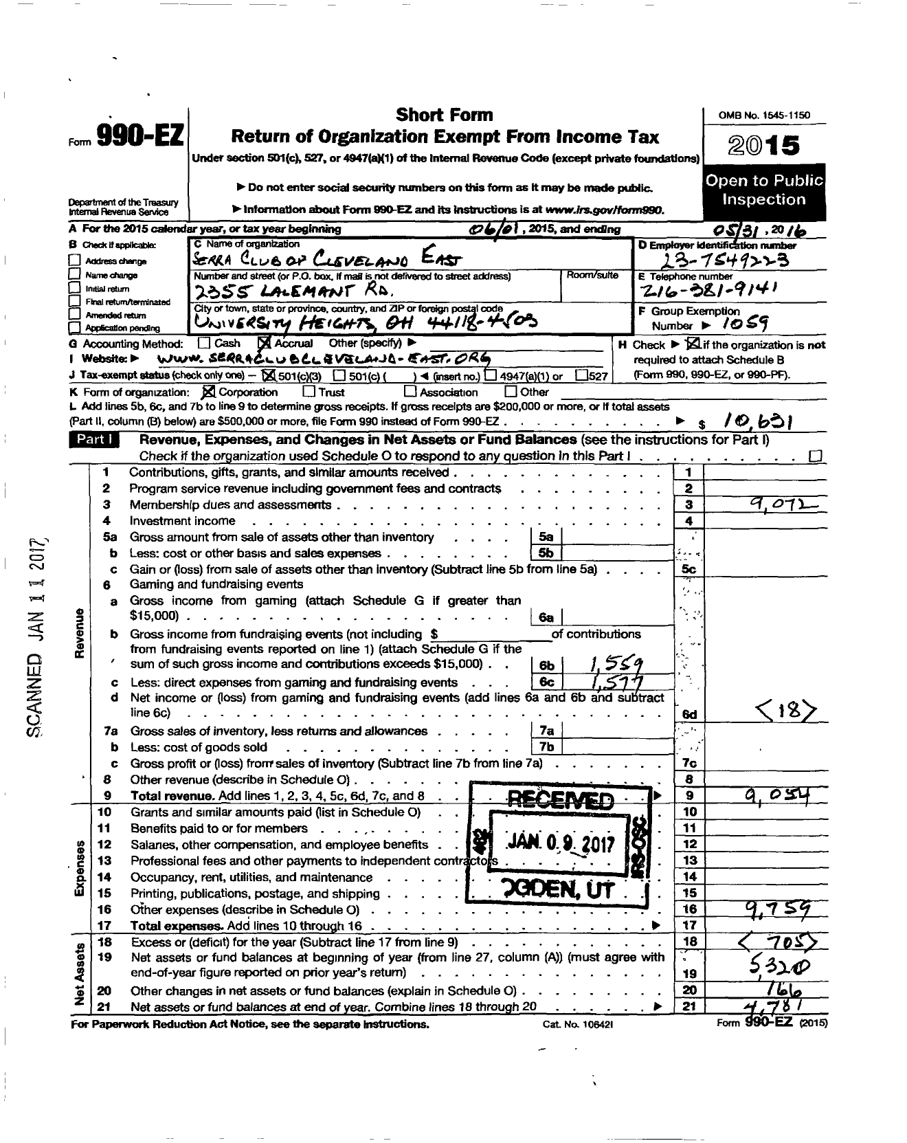 Image of first page of 2015 Form 990EZ for Serra International - 205 Cleveland East Serra Club