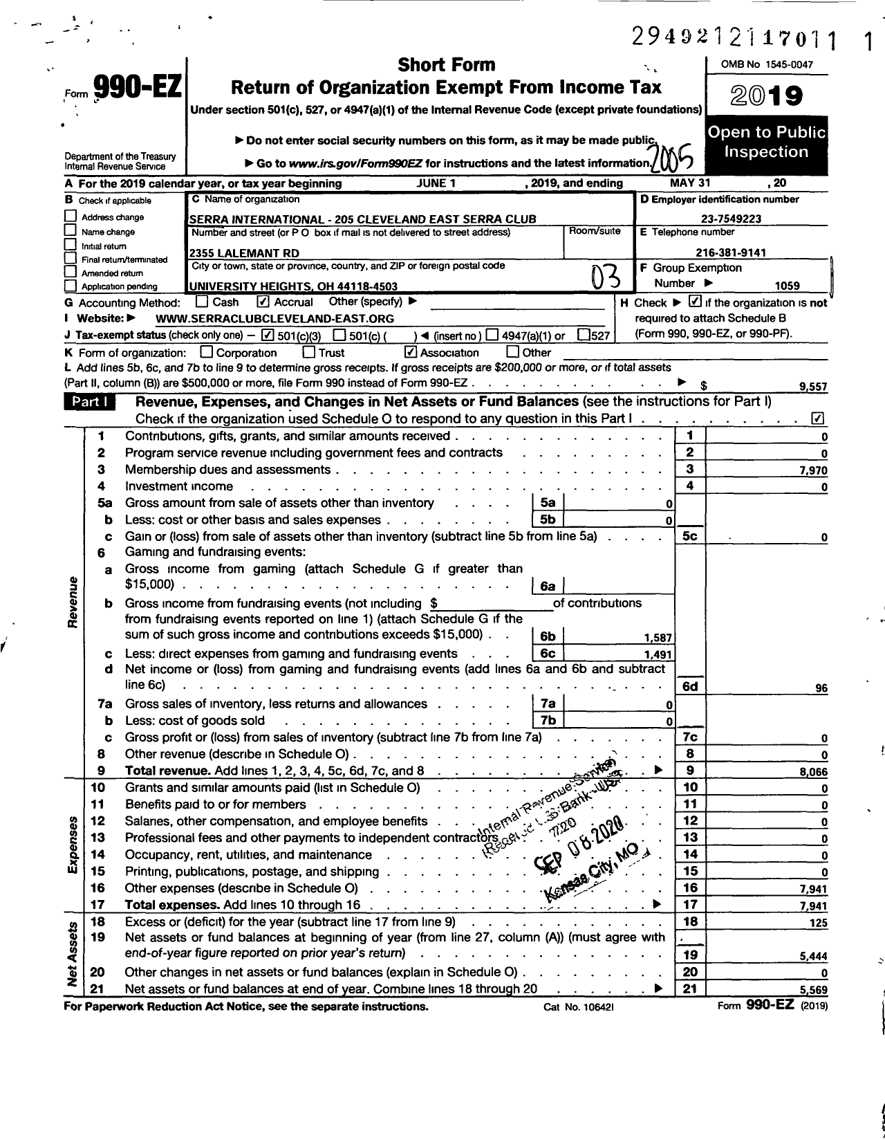 Image of first page of 2019 Form 990EZ for Serra International - 205 Cleveland East Serra Club