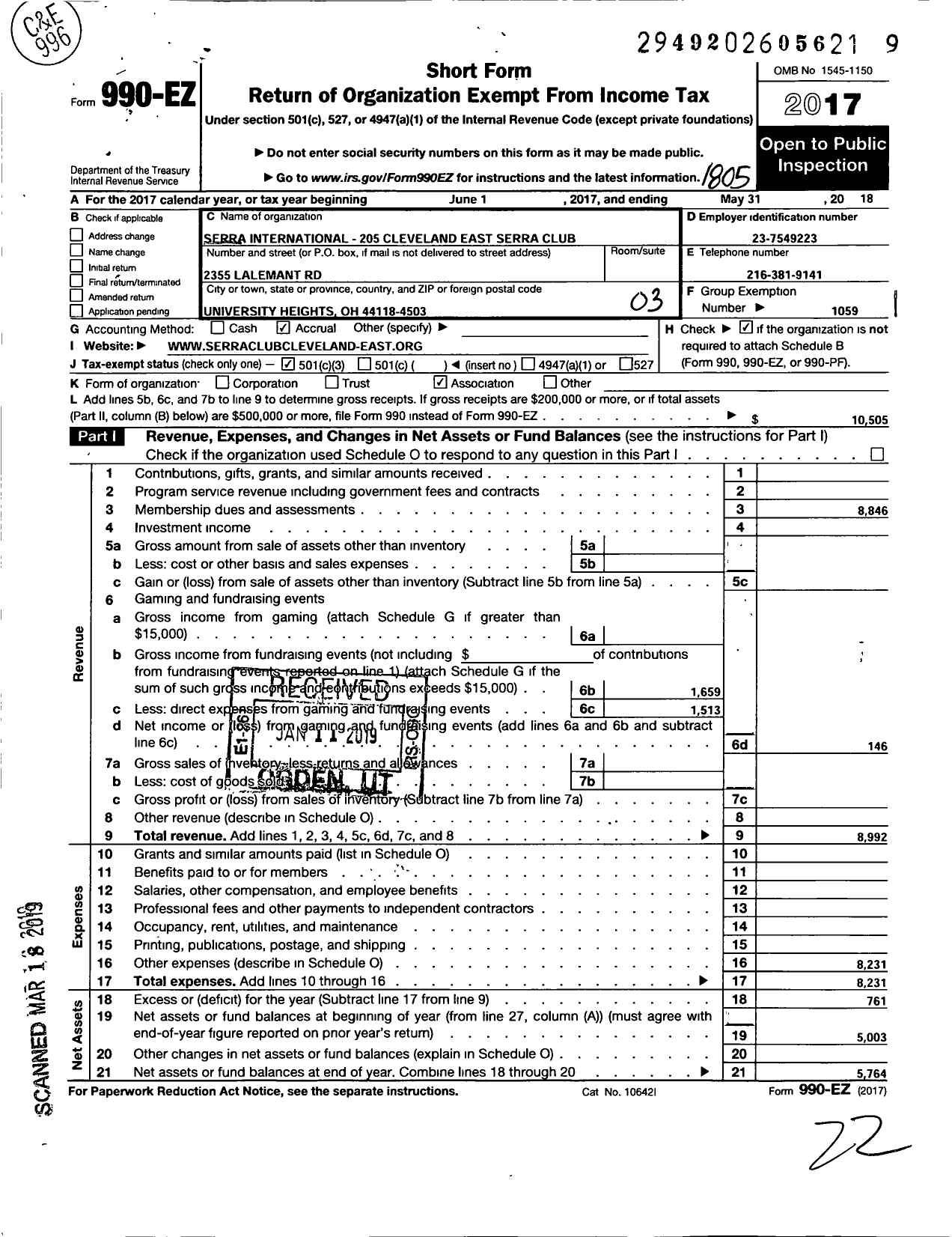 Image of first page of 2017 Form 990EZ for Serra International - 205 Cleveland East Serra Club