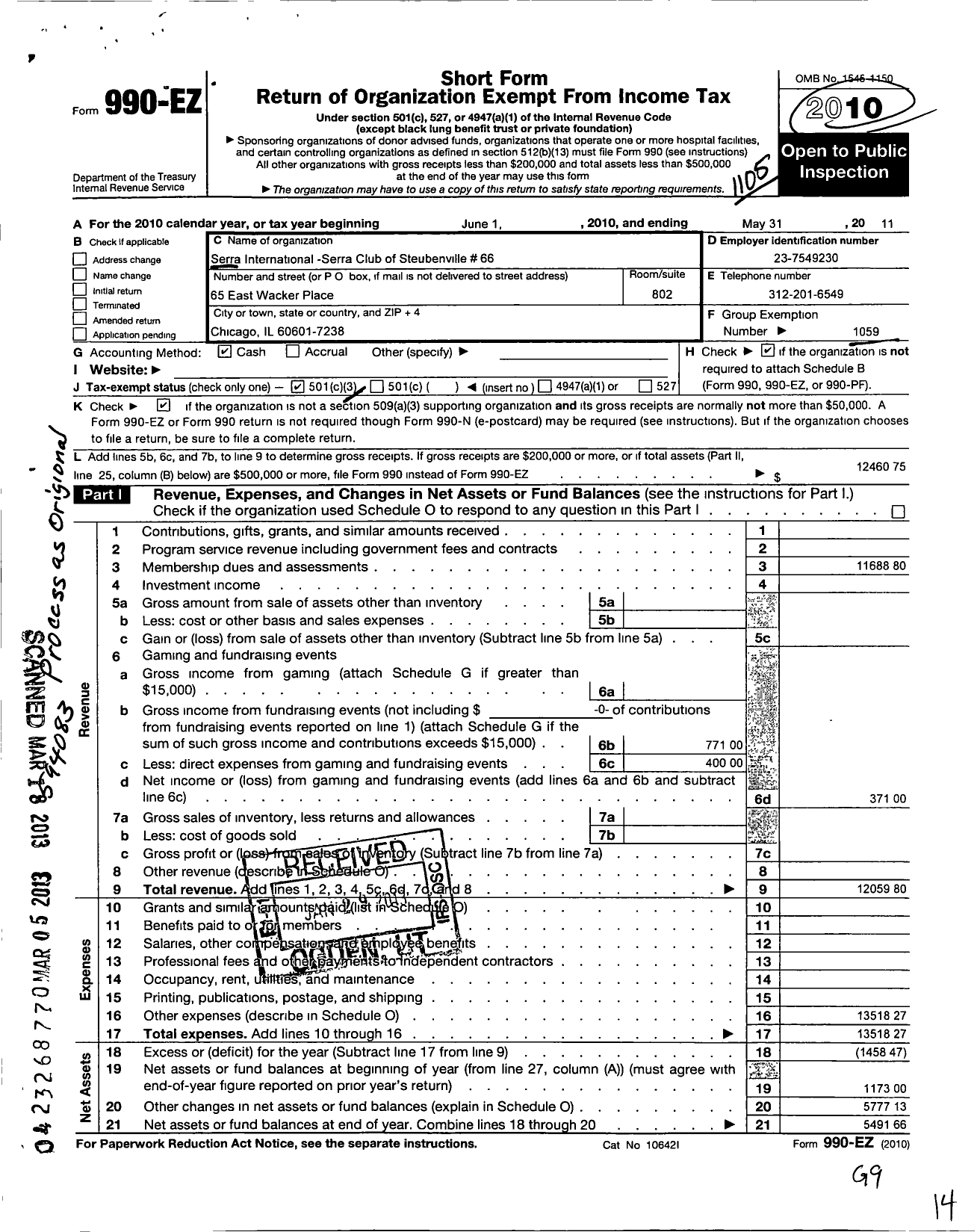 Image of first page of 2010 Form 990EZ for Serra International / 66 Steubenville Serra Club